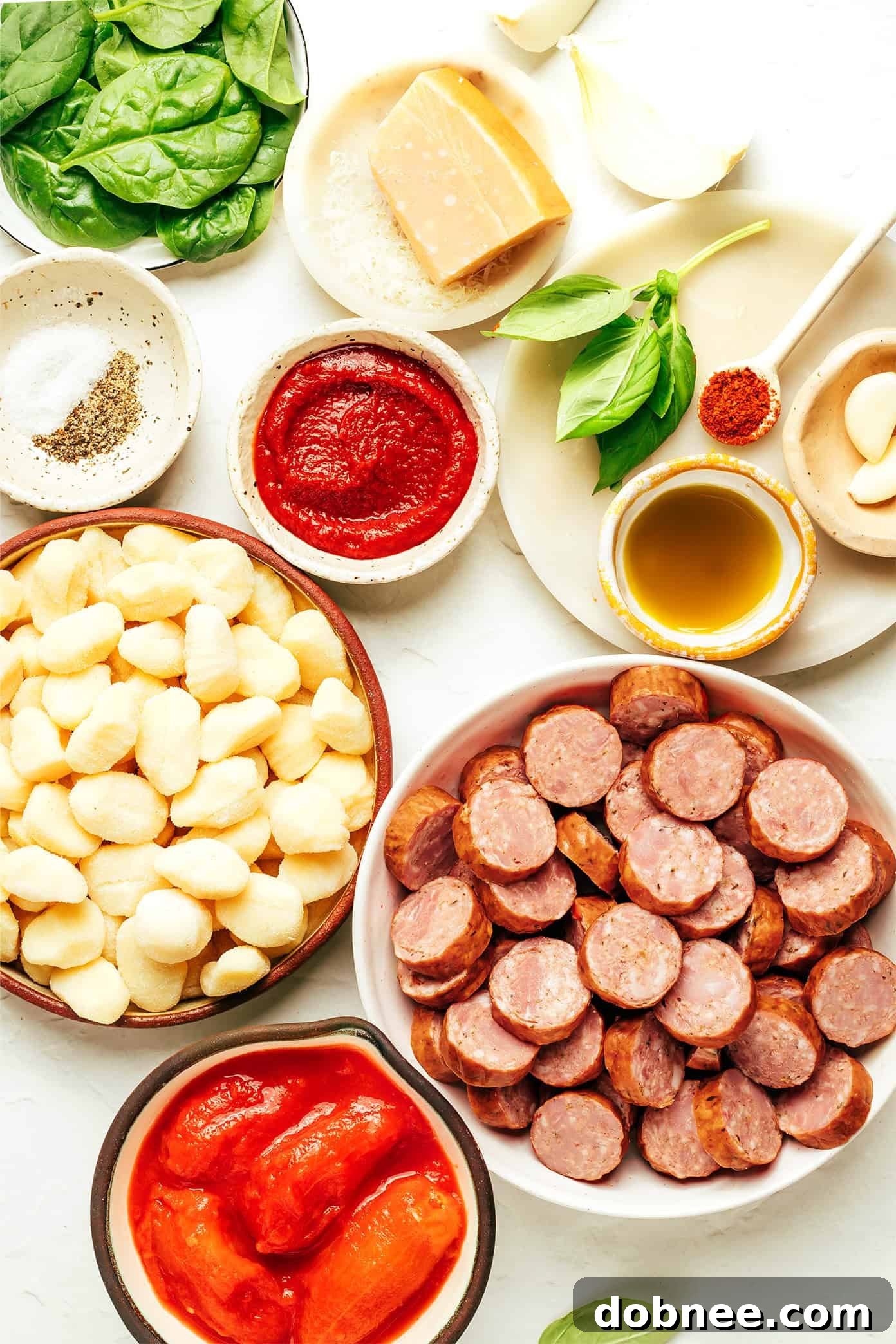 Close-up of sausage and gnocchi simmering in marinara sauce.