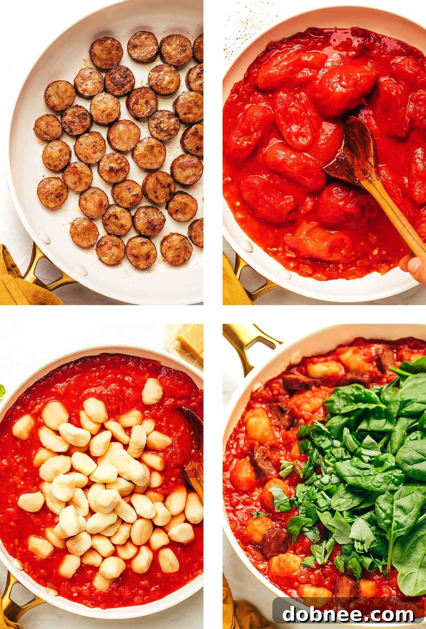 Close-up of freshly cooked Sausage and Gnocchi Marinara in a pan.