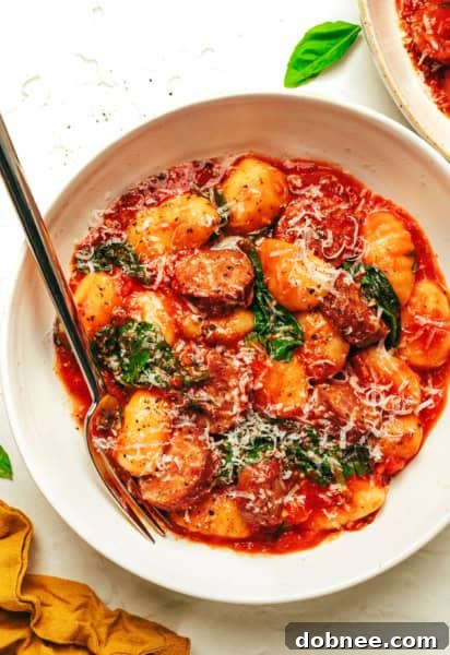 Sausage and Gnocchi Marinara dish ready to serve.