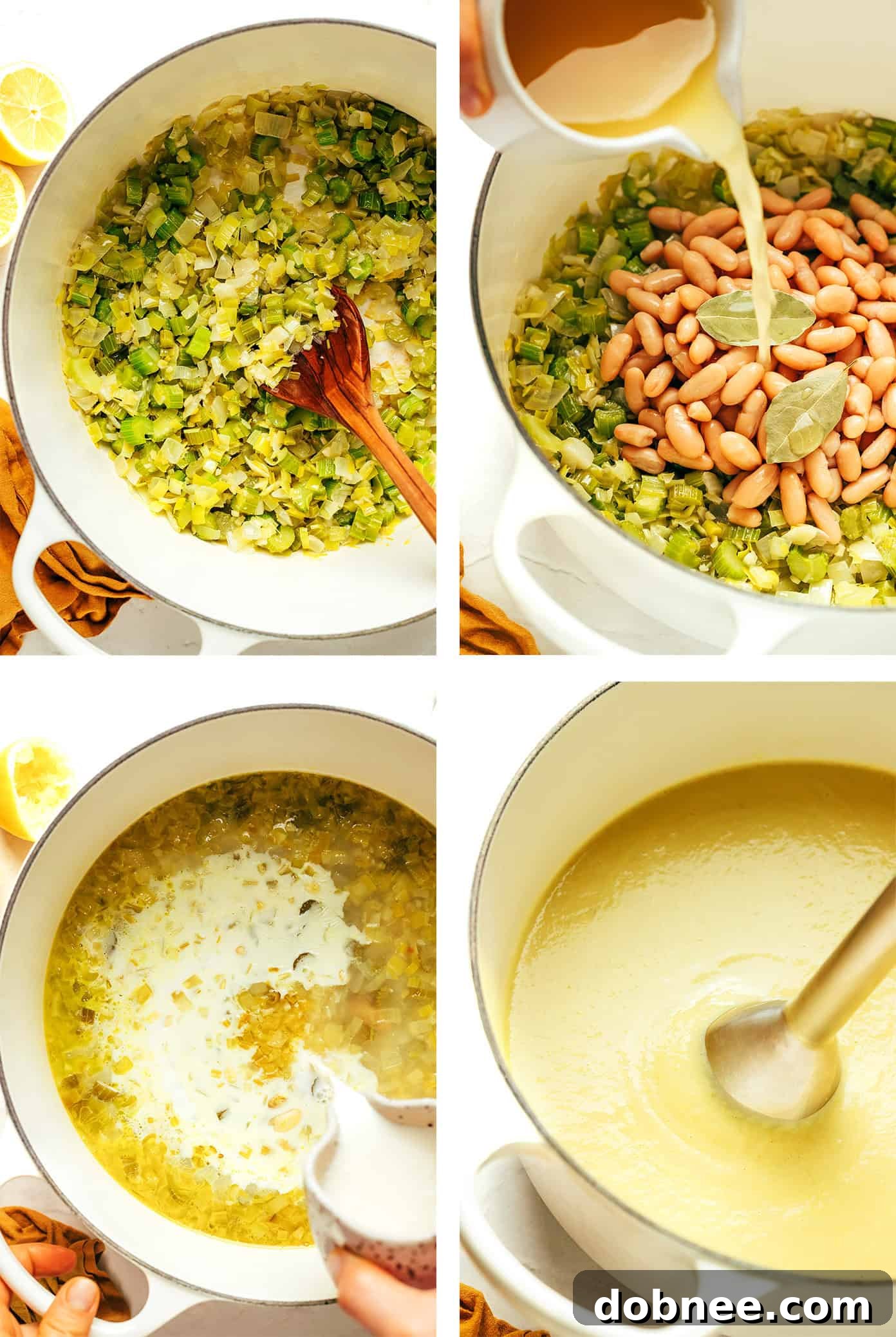 A close-up of creamy celery soup being blended in a pot with an immersion blender.