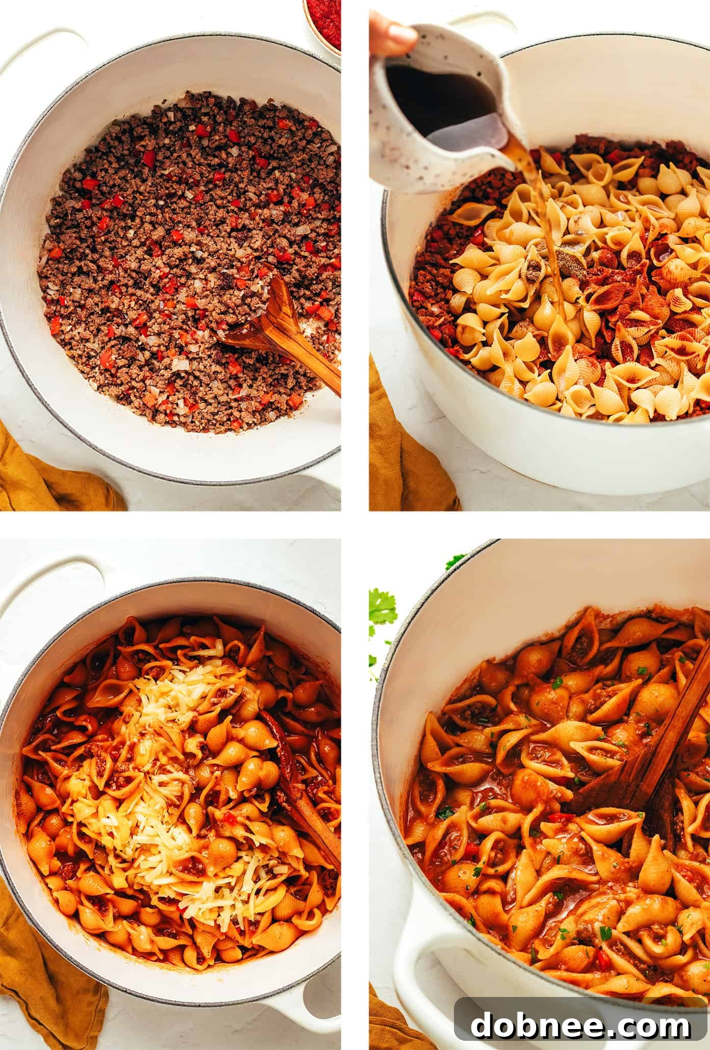 A close-up of a spoon scooping creamy One Pot Cheesy Taco Pasta from the pot, emphasizing the texture and deliciousness.