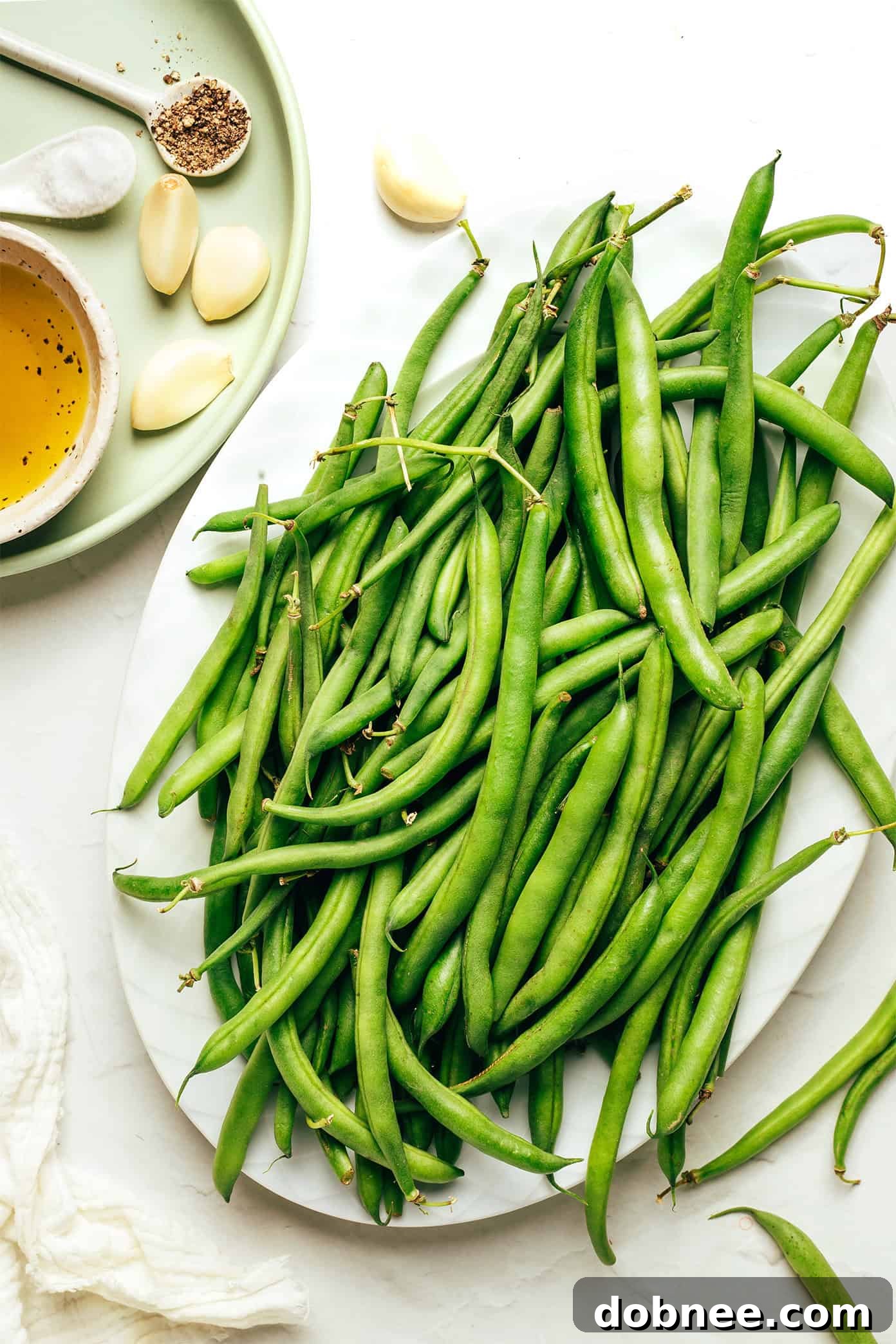 Close-up of skillet garlic green beans ready to be served