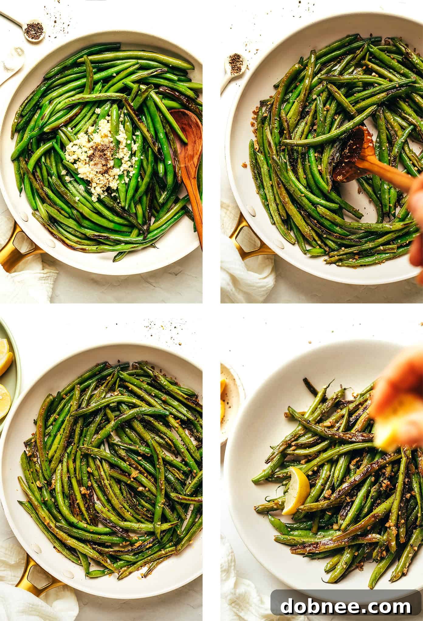 Ingredients for garlic green beans laid out on a kitchen counter