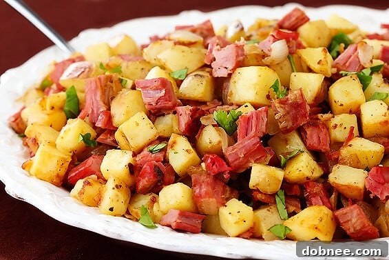 Delicious Corned Beef Hash in a skillet, ready to be served