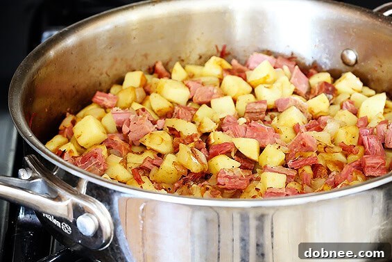 Close-up of freshly cooked Corned Beef Hash, showcasing its crispy texture
