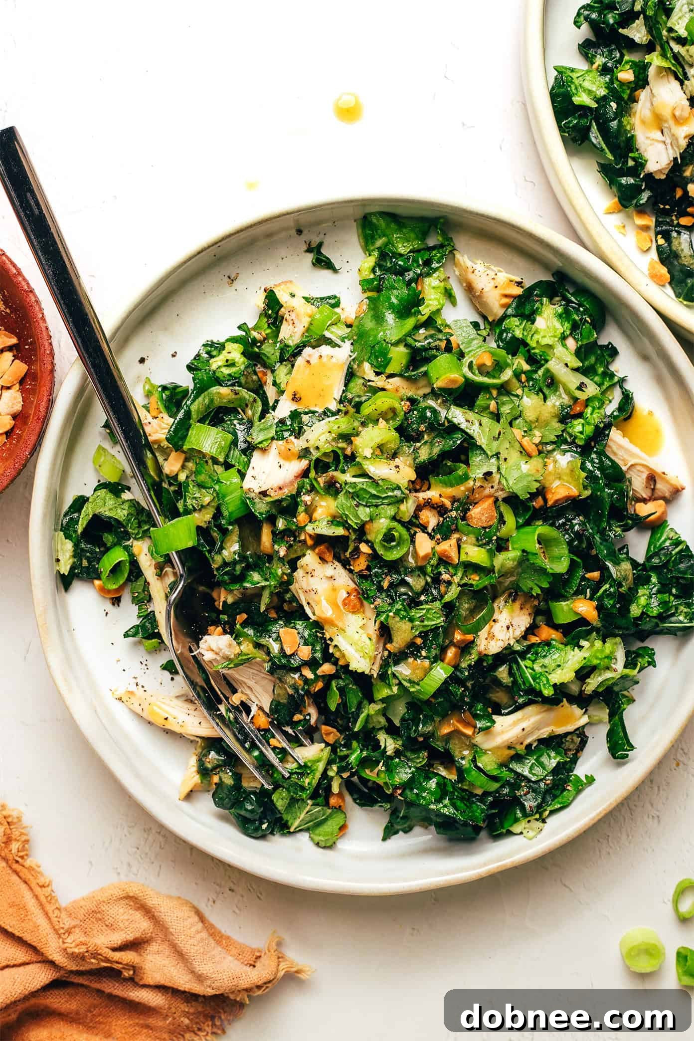 Close-up of a vibrant Kale Peanut Chicken Salad, showcasing fresh kale, shredded chicken, peanuts, and a rich peanut dressing
