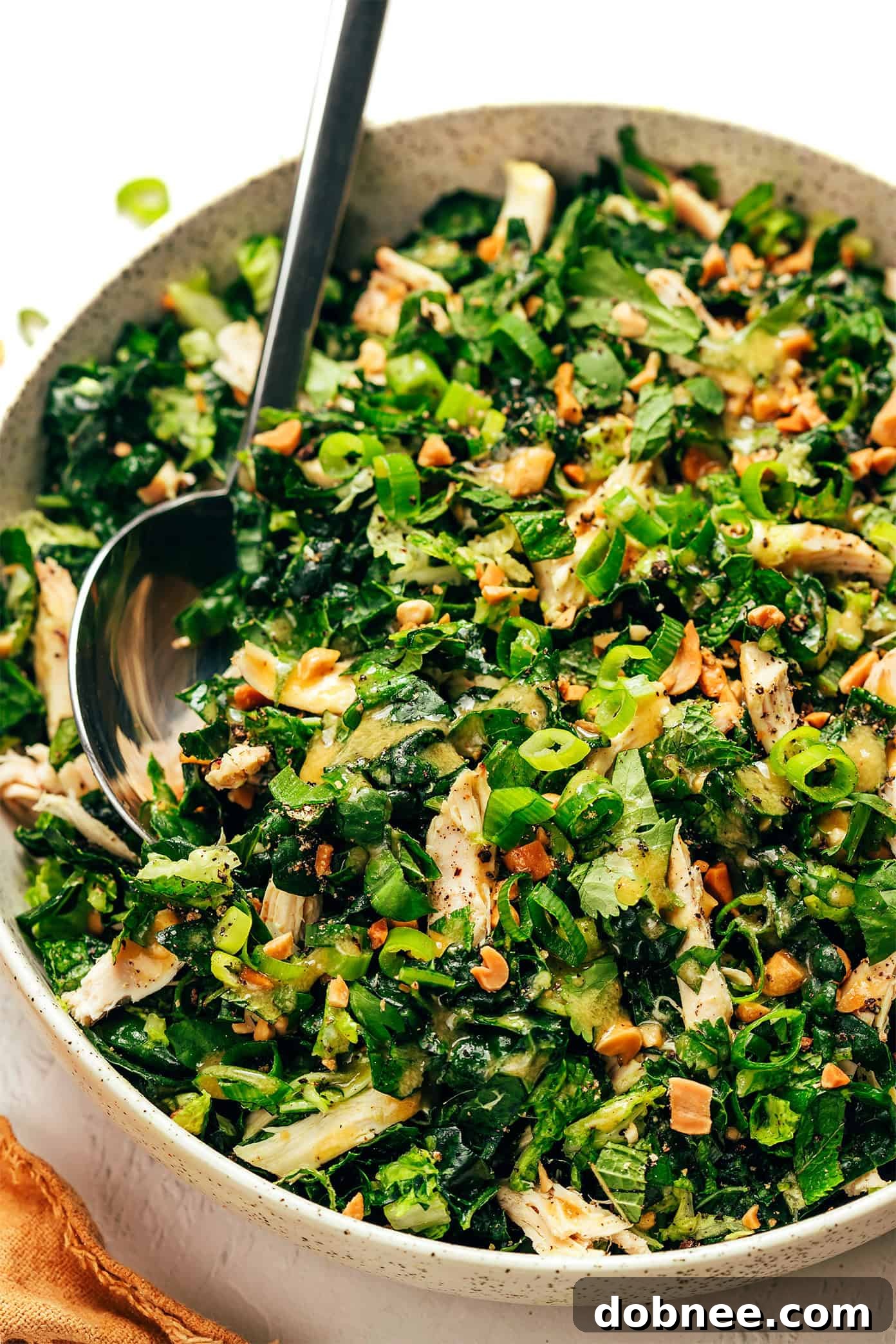 A large serving bowl filled with the fresh and colorful Kale Peanut Chicken Salad