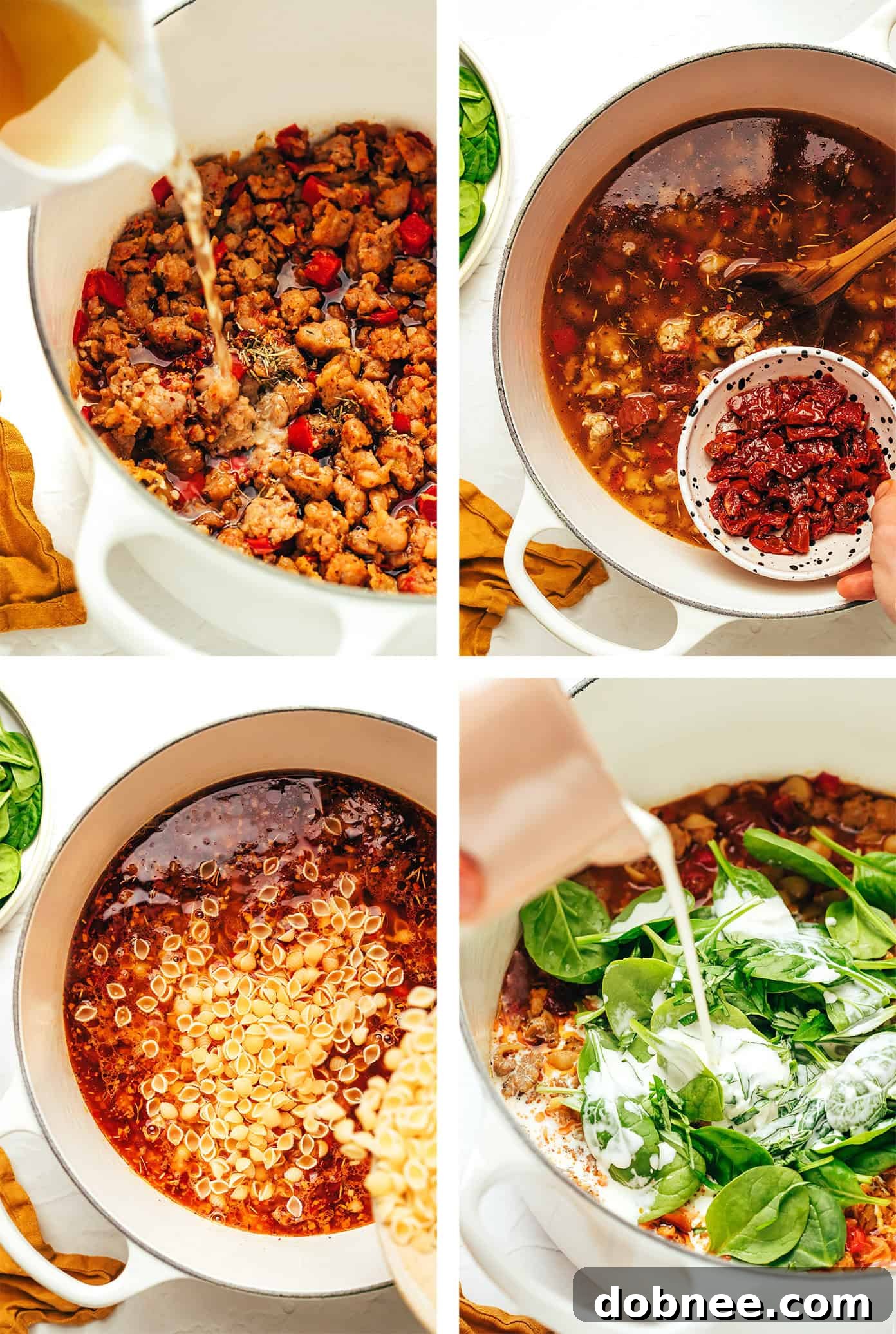 A bowl of Marry Me Italian Sausage Soup with a spoon, highlighting the creamy texture and delicious components.