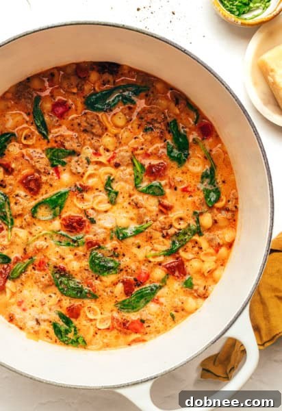 Marry Me Italian Sausage Soup with fresh basil garnish