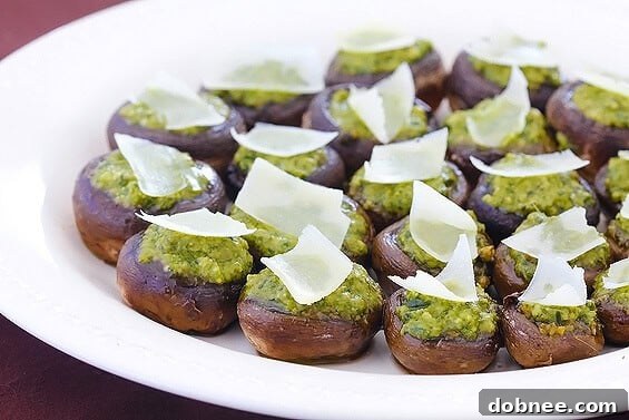 Delicious and easy pesto stuffed mushrooms ready to be served