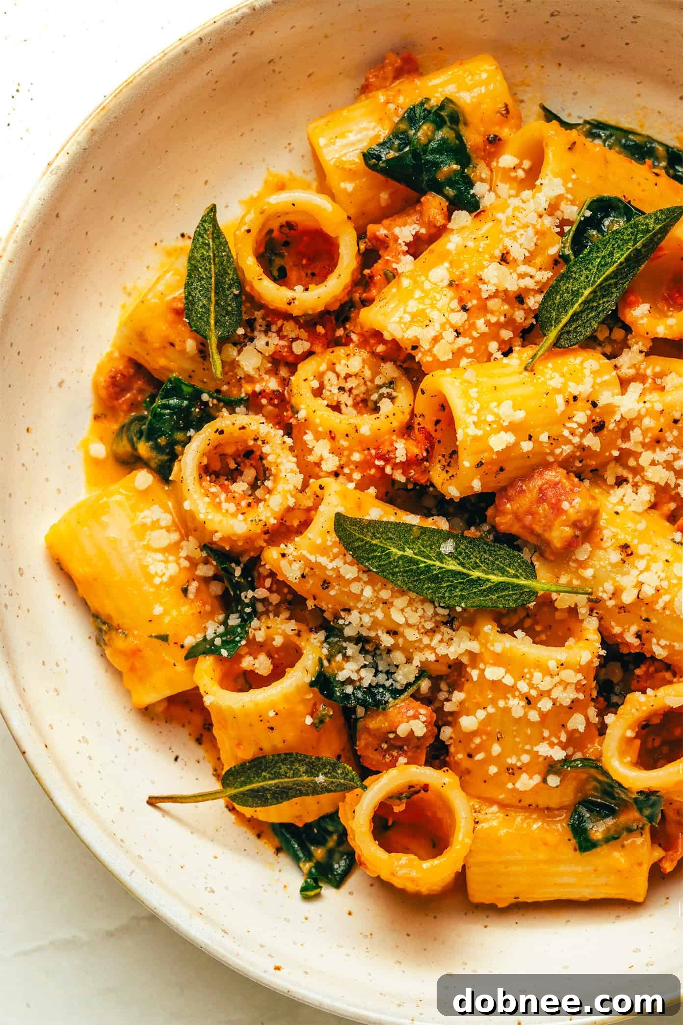 Creamy Pumpkin Pasta with Zesty Italian Sausage and Sage