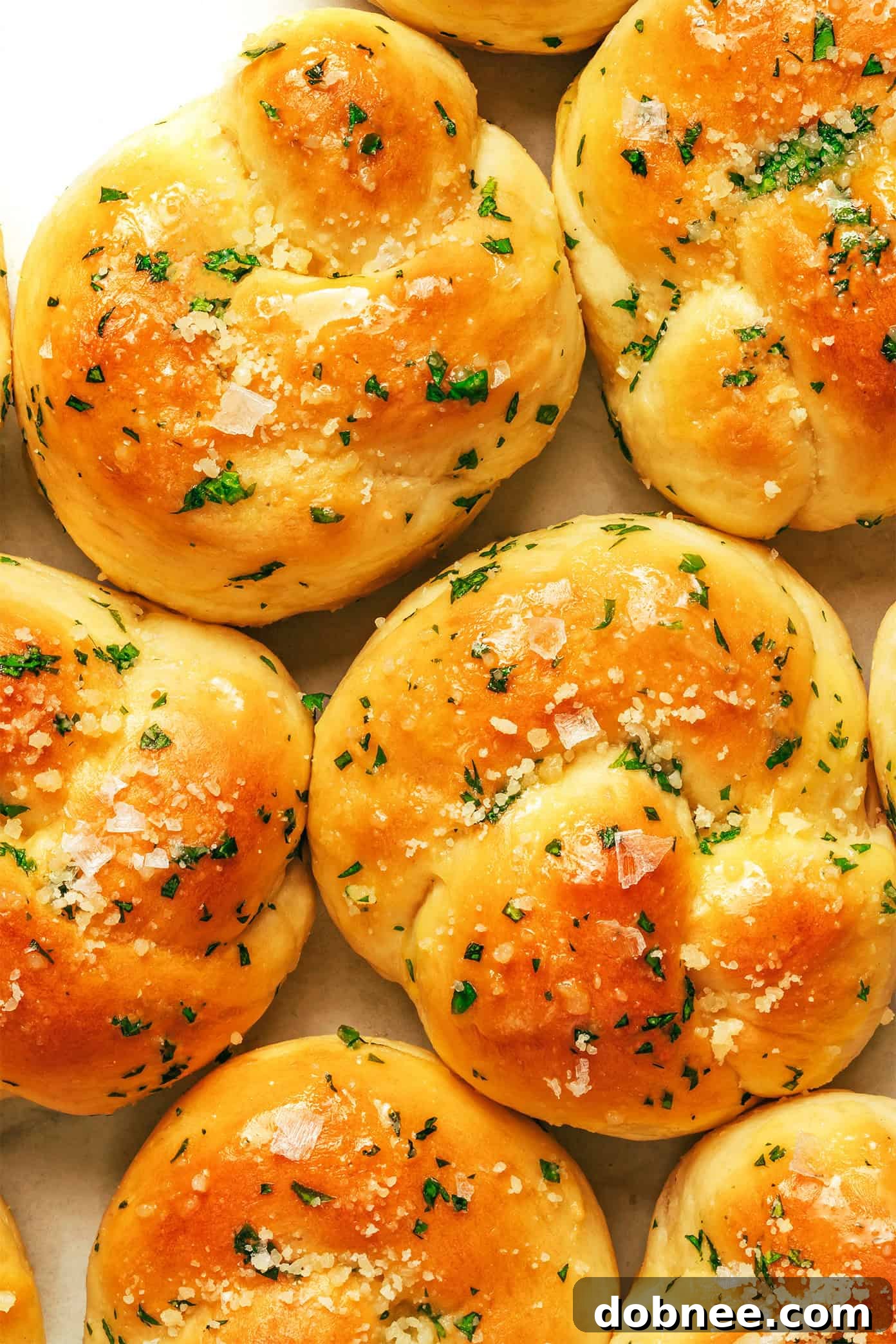 Freshly baked garlic knots on a cooling rack, drizzled with garlic butter and sprinkled with Parmesan.