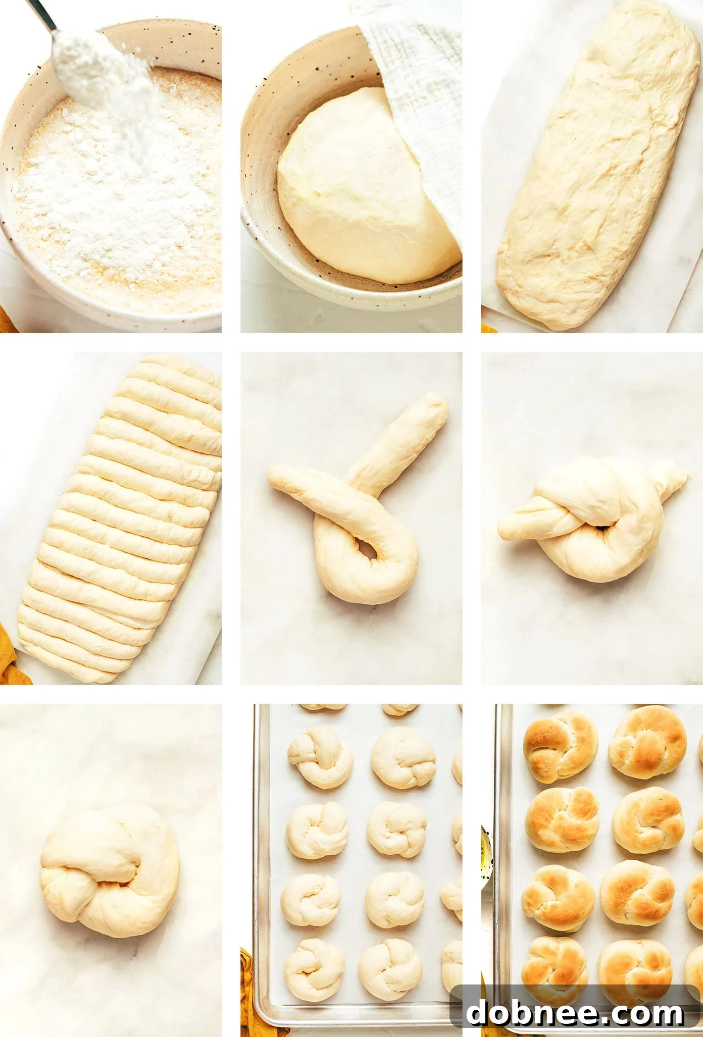 Ingredients for garlic knots laid out on a kitchen counter: flour, yeast, honey, butter, milk, and salt.