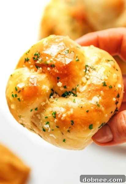 Close-up of baked garlic knots, some with Parmesan and herbs, ready to be served from a bowl.