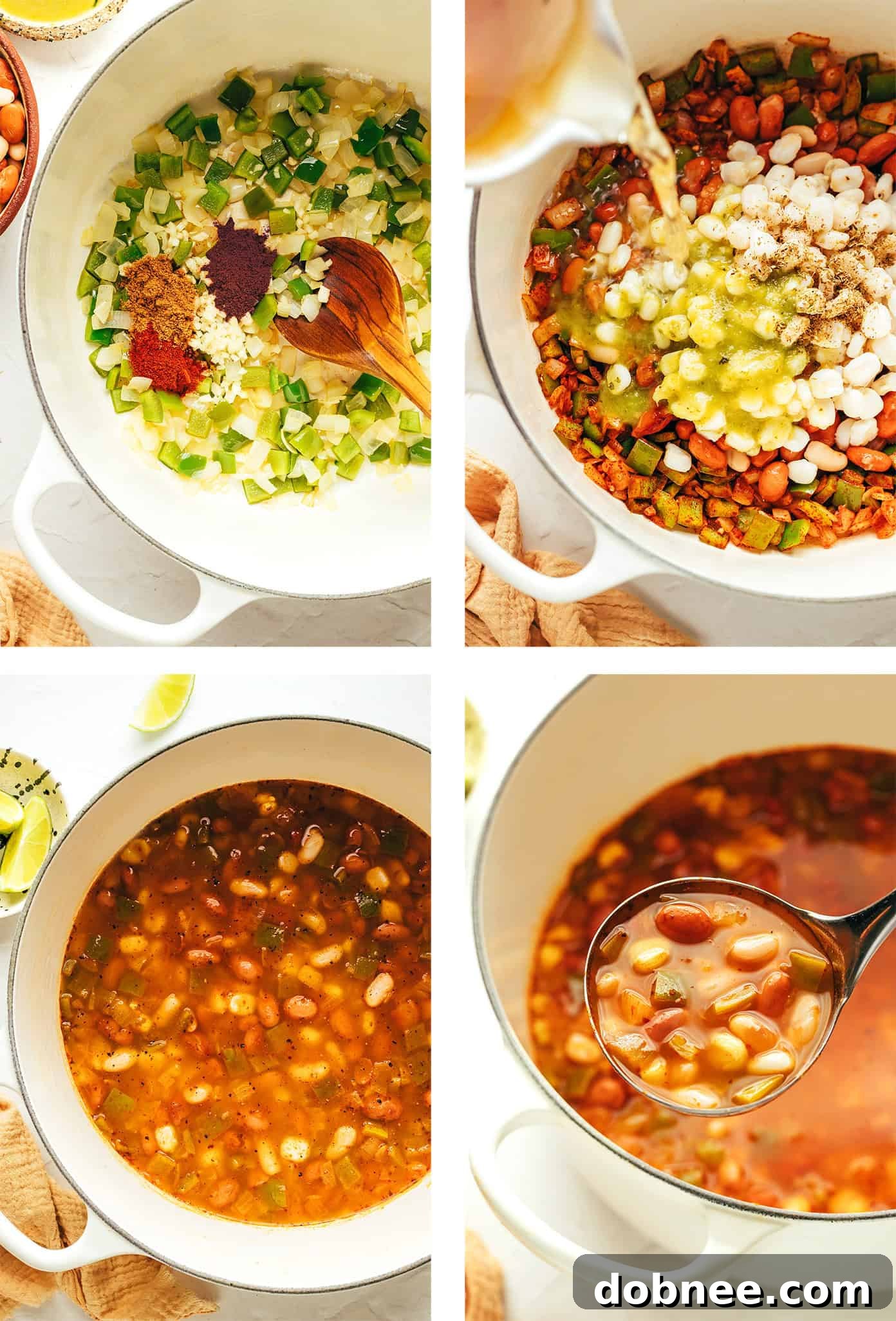 Plant-Powered Pozole 4 A close-up of vegetarian pozole simmering in a pot, showing the hominy, beans, and colorful broth.