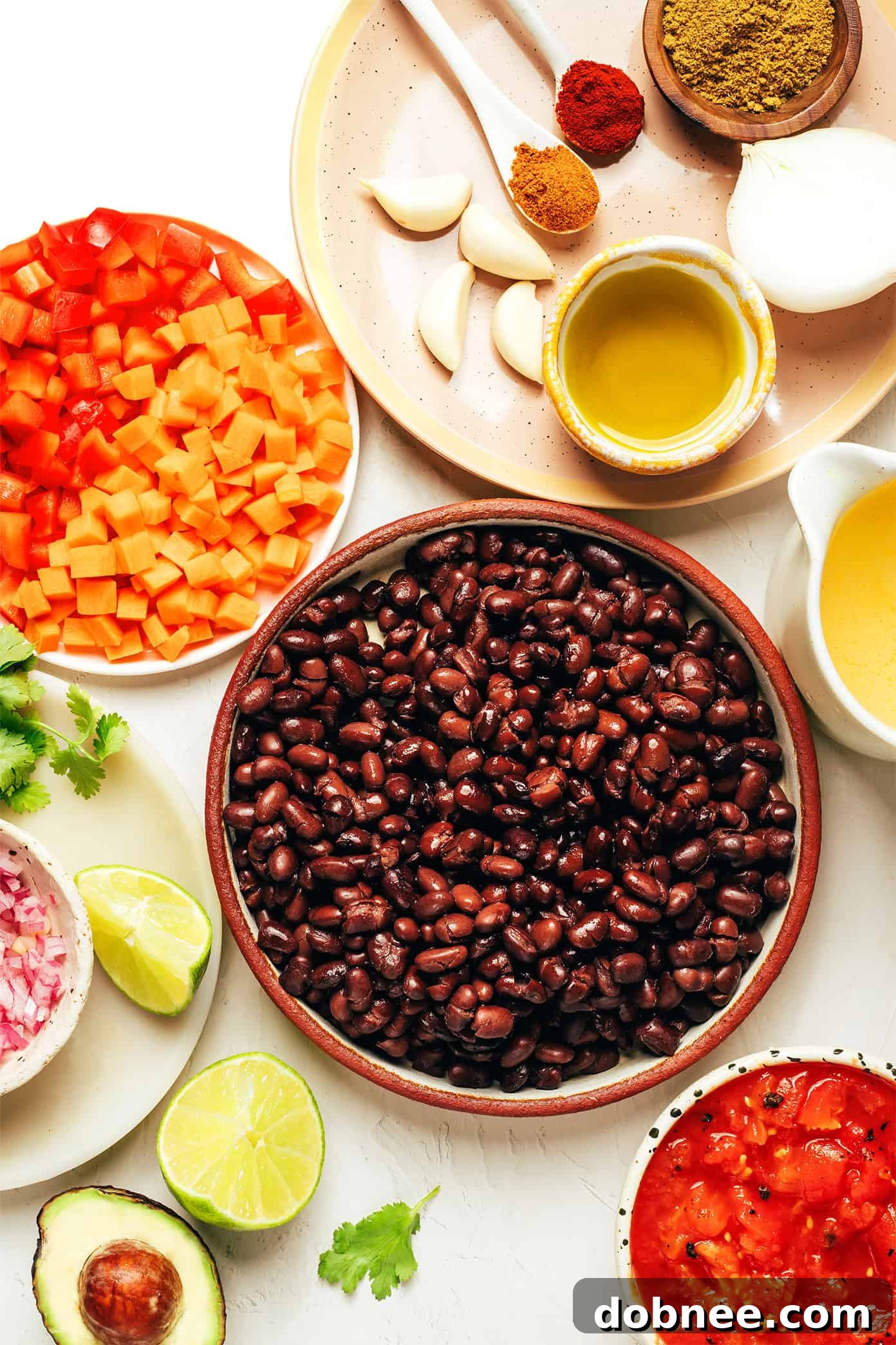 Assortment of fresh ingredients for Black Bean Soup: black beans, tomatoes, vegetables, spices, and lime