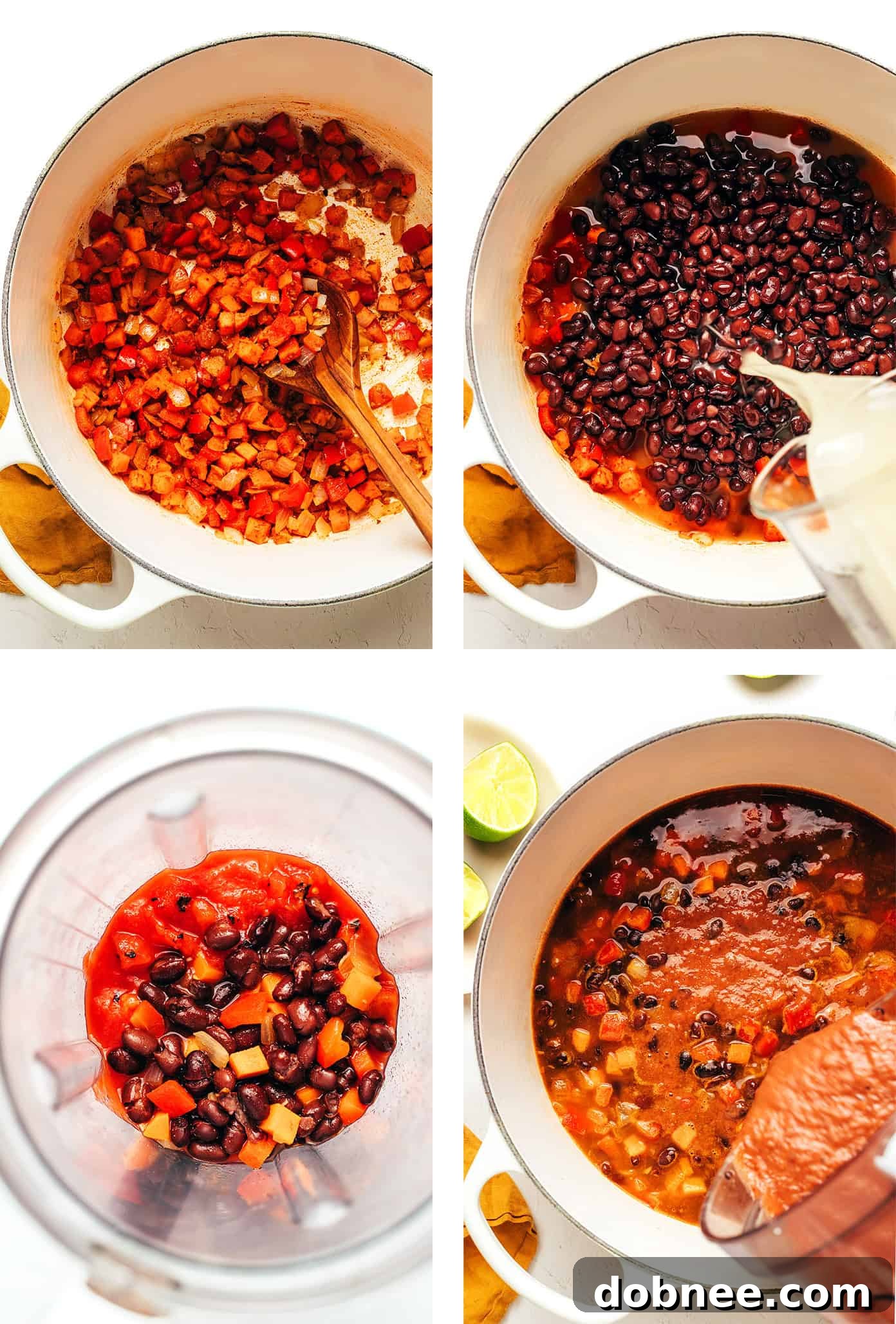 Step-by-step process of making Quick Black Bean Soup, from sautéing to simmering
