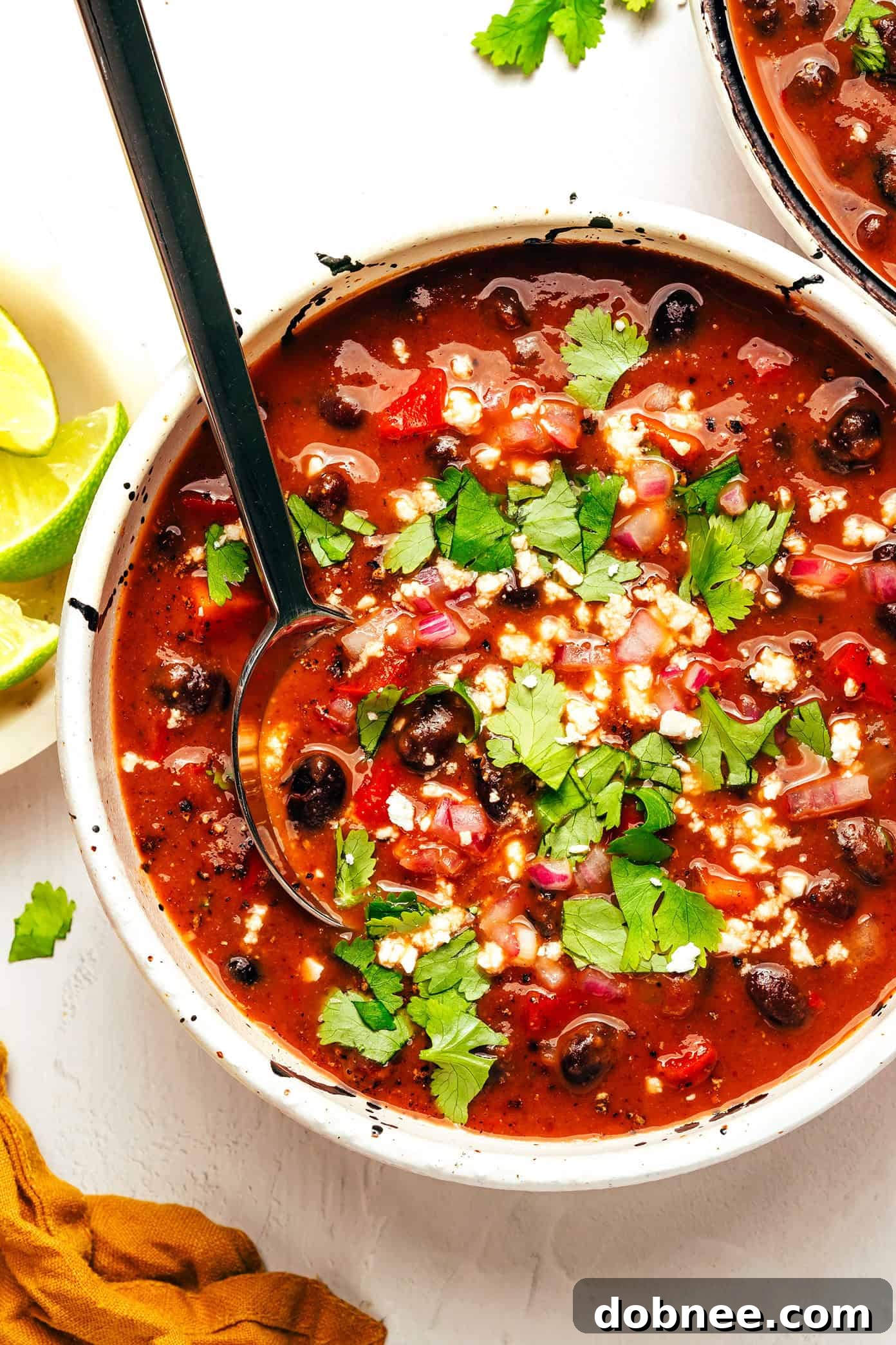 Delicious Vegetarian Black Bean Soup garnished with fresh cilantro, ready to eat