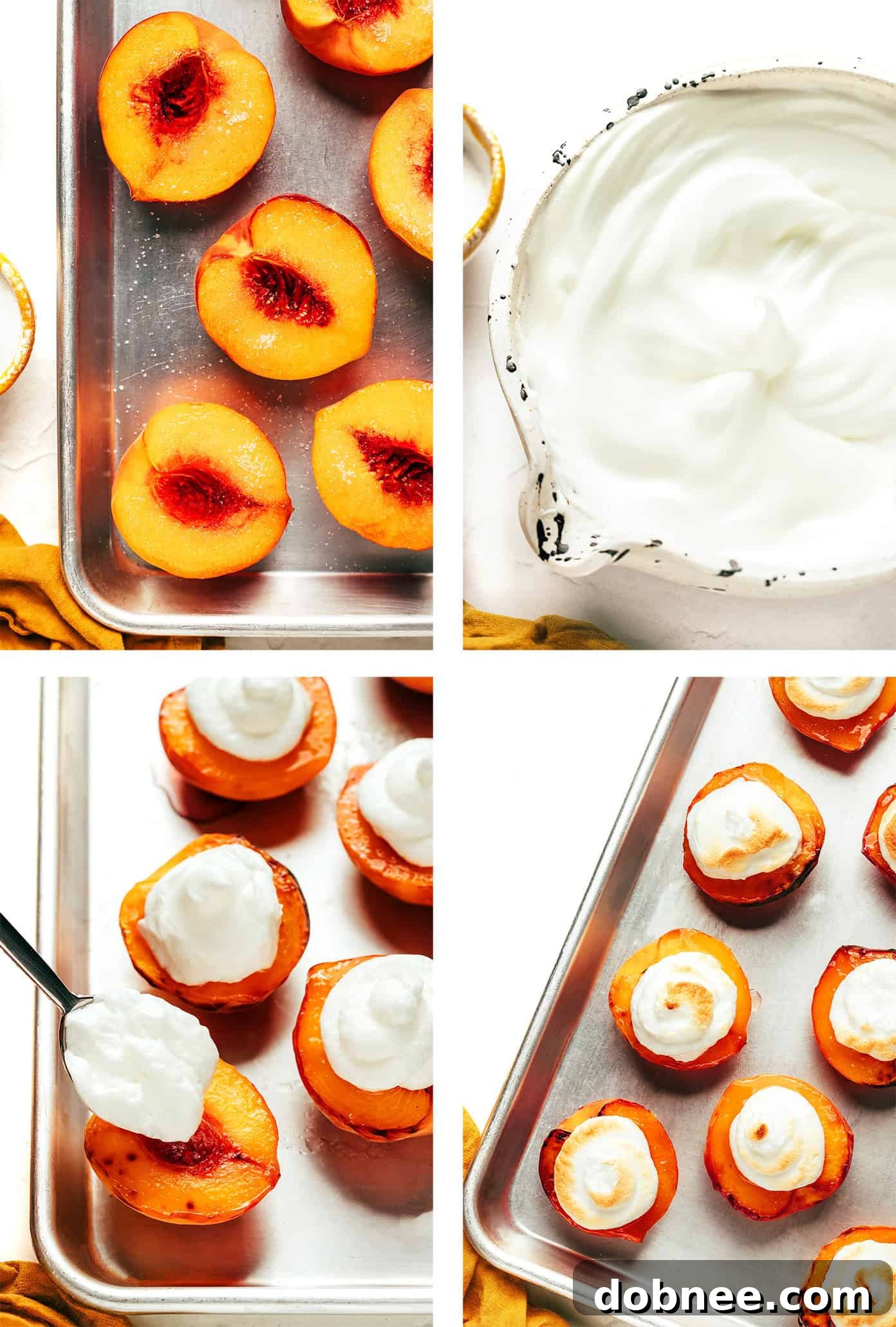 Close-up of a meringue dollop on a peach half before broiling.