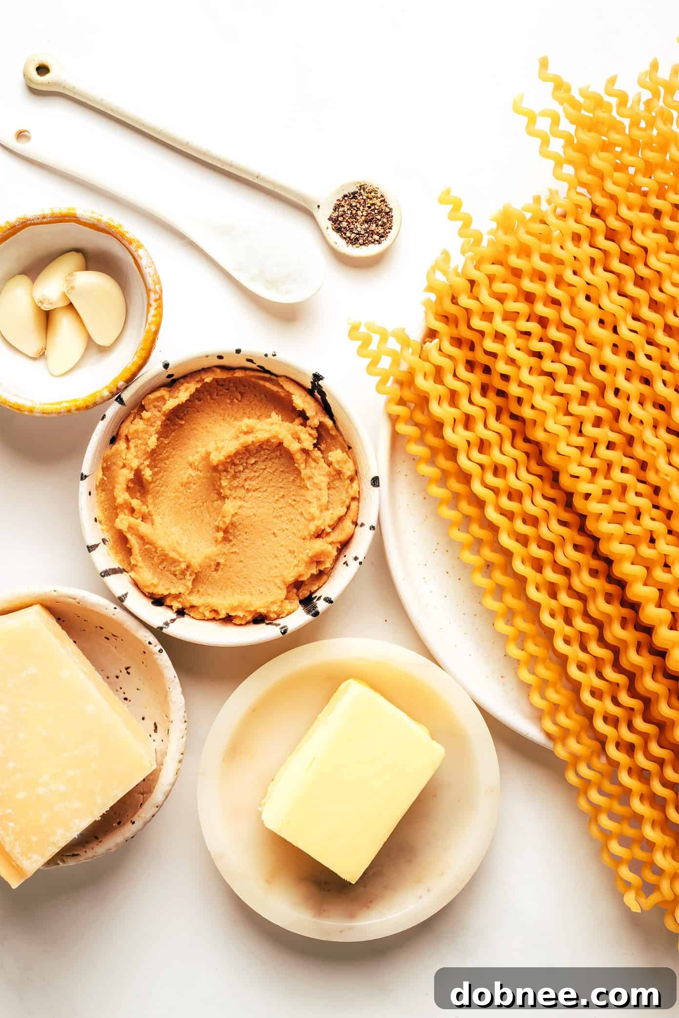 A vibrant bowl of garlic miso pasta, with fusilli noodles coated in a rich, creamy sauce, ready to be served.
