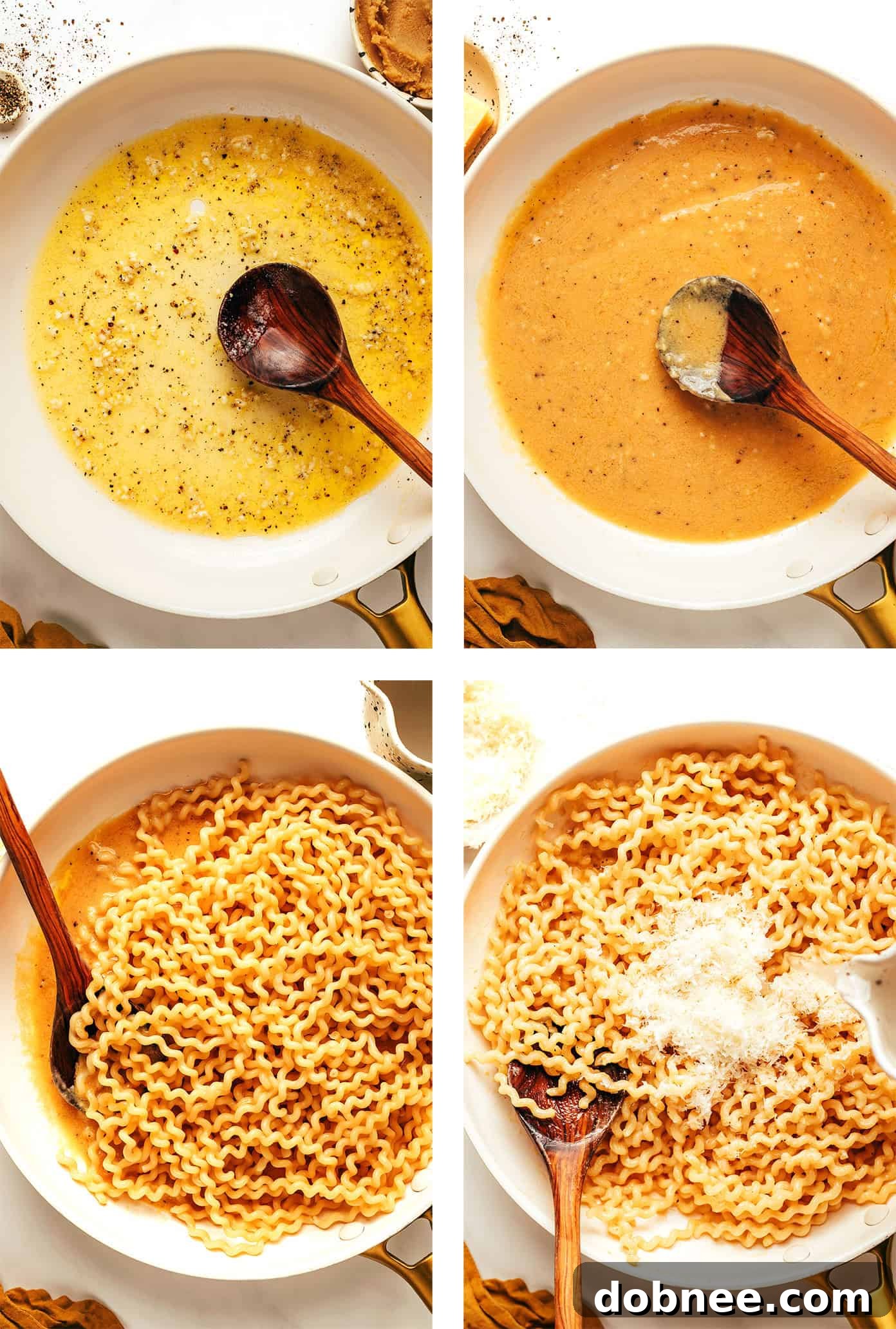 A close-up of garlic miso pasta being tossed in a large pan, showcasing its glossy, creamy texture.