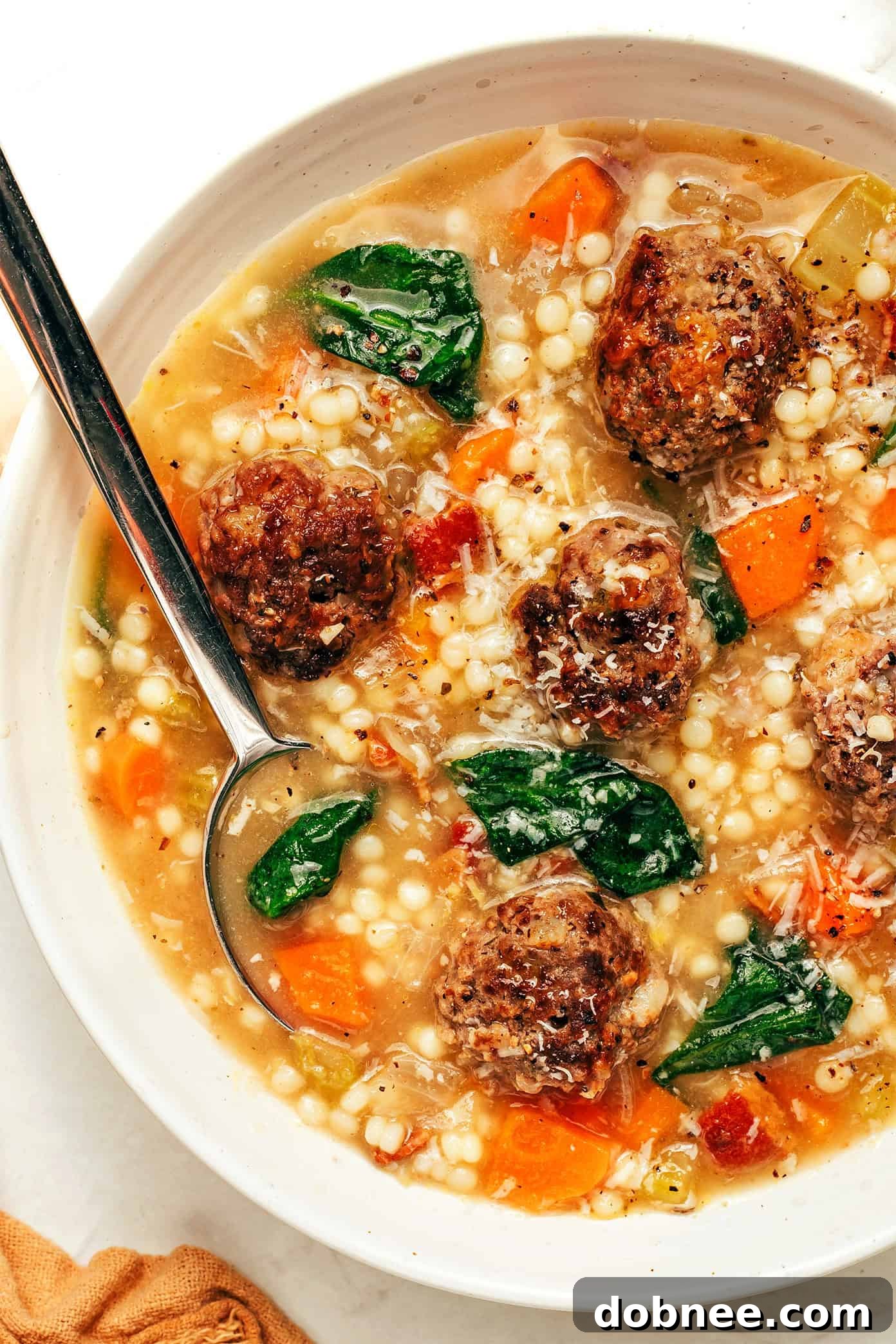 A final shot of a bowl of Italian Wedding Soup
