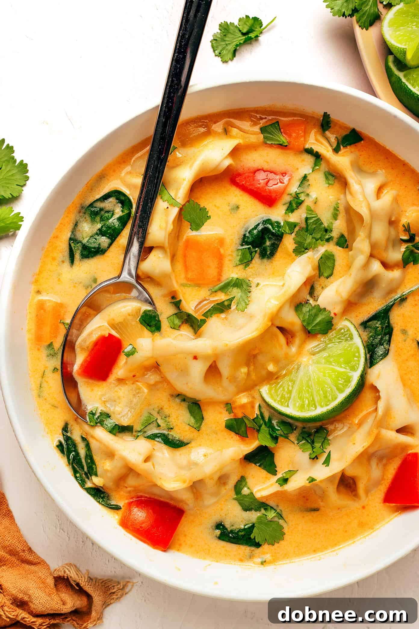 A close-up shot of the finished Thai Red Curry Potsticker Soup in a vibrant, artistic bowl, ready for serving, highlighting its rich textures and inviting colors.