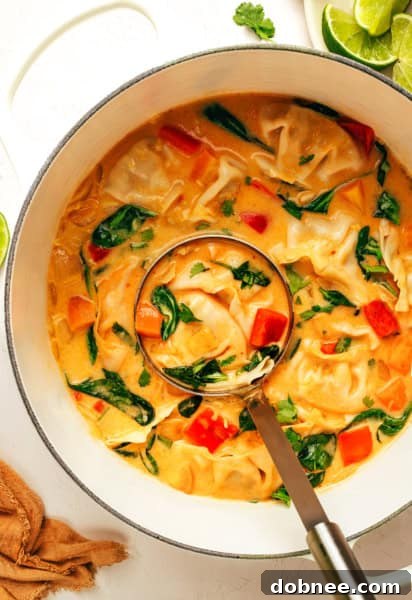 A bowl of Thai Red Curry Potsticker Soup, garnished with cilantro.