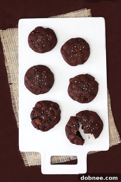 Close-up of a stack of Salted Caramel Chocolate Cookies.