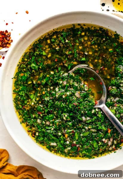 A bowl of fresh chimichurri sauce.