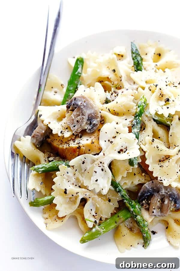 Creamy Goat Cheese Pasta with Chicken, Asparagus & Mushrooms
