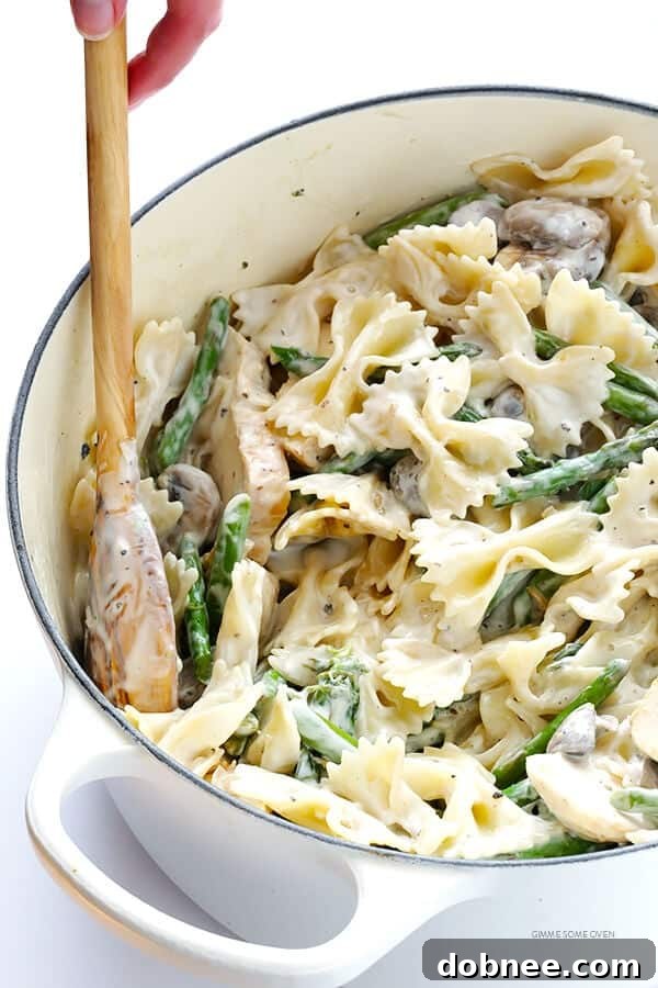 Rich and Creamy Goat Cheese Pasta with Chicken, Asparagus & Mushrooms - a saucy delight!