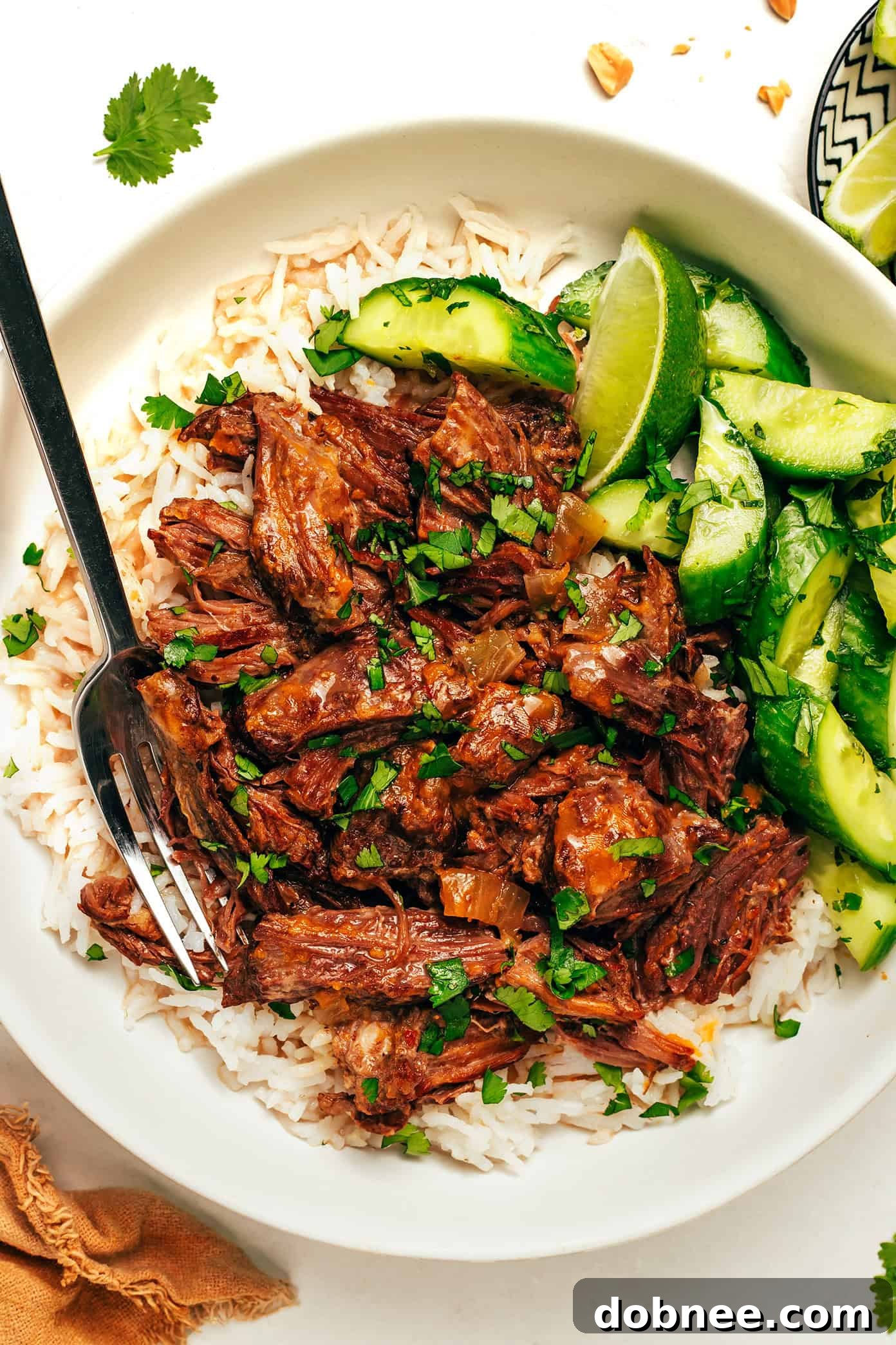 Slow-Cooked Coconut Curry Pulled Beef 2 Rich and tender coconut curry shredded beef served with rice and a refreshing cucumber salad