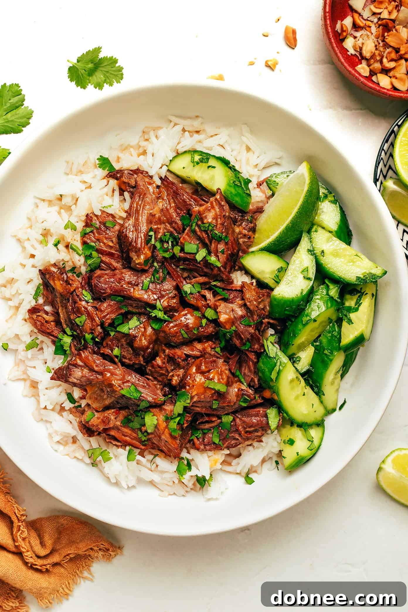 Slow-Cooked Coconut Curry Pulled Beef 4 A serving of coconut curry shredded beef over rice with a side of refreshing cucumber salad, ready to be enjoyed.