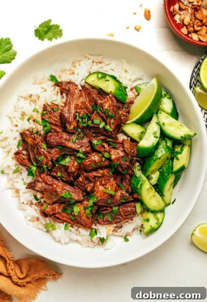 Slow-Cooked Coconut Curry Pulled Beef 6 A bowl of slow-cooked coconut curry shredded beef, garnished with peanuts and cilantro.