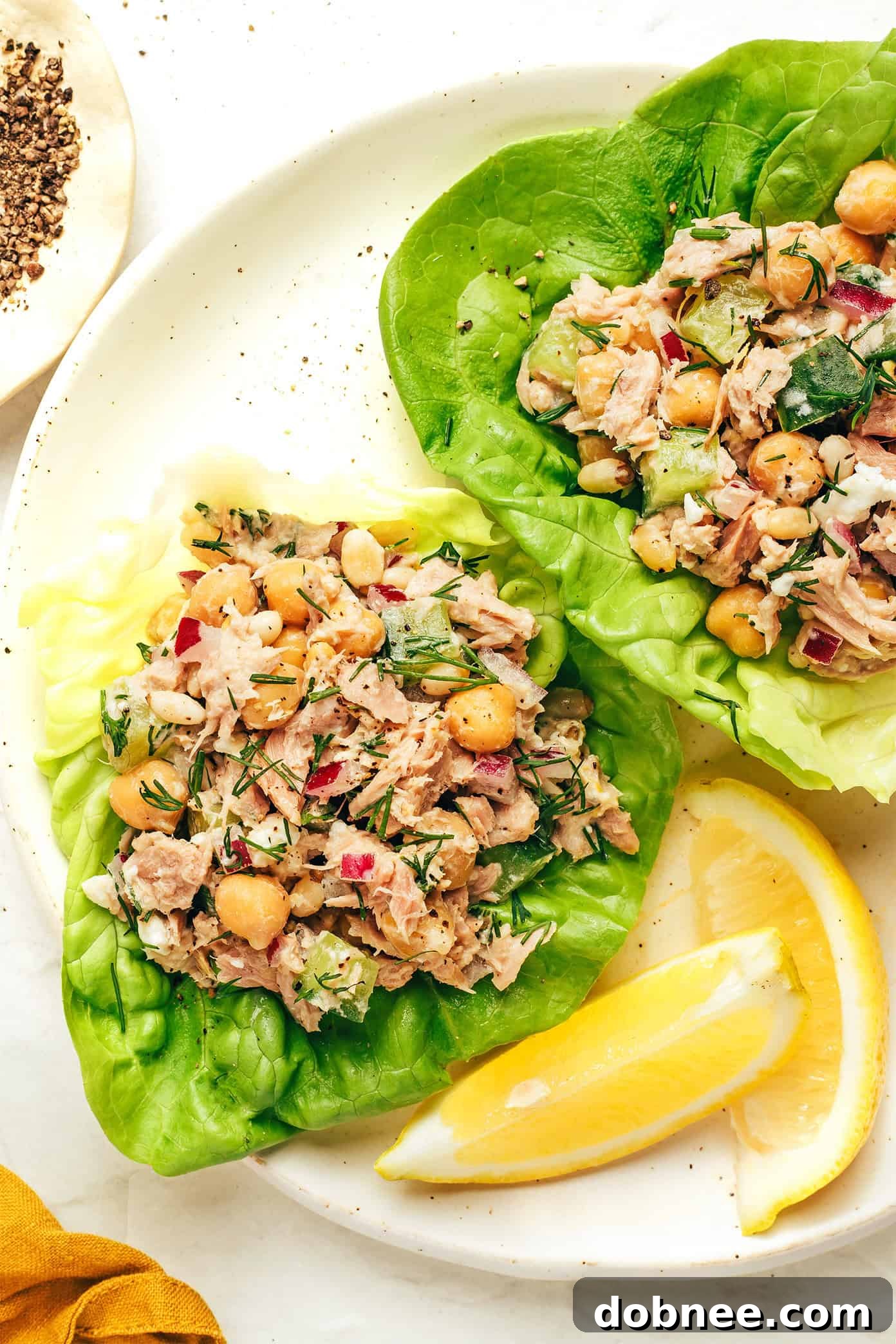 Another appealing shot of the prepared chickpea tuna salad, ready to be served.