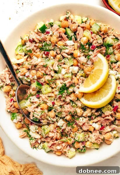 The finished Lemon Tahini Chickpea Tuna Salad, beautifully presented and ready to eat.