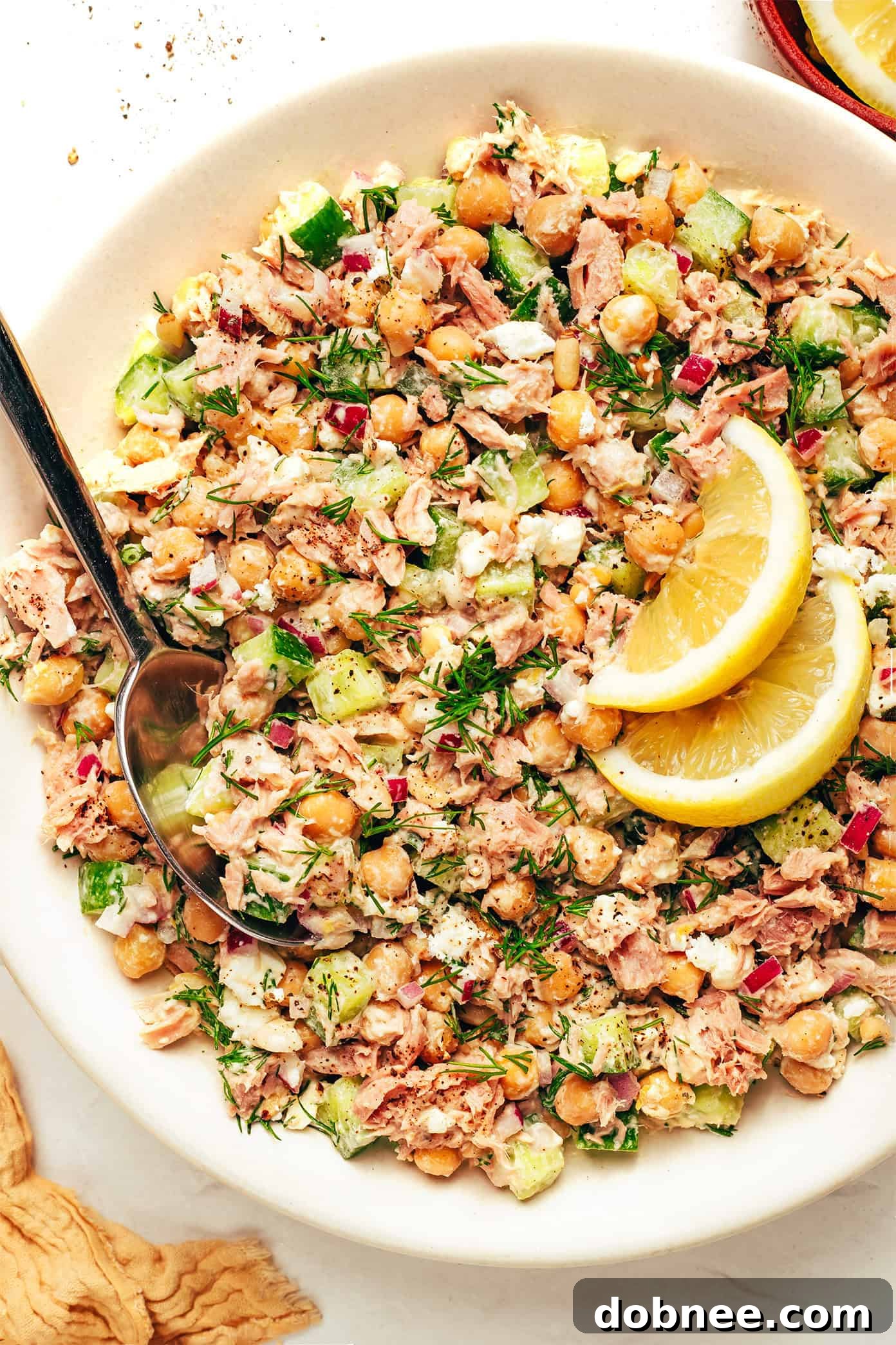 A final appetizing view of the Lemon Tahini Chickpea Tuna Salad, ready for a healthy meal.