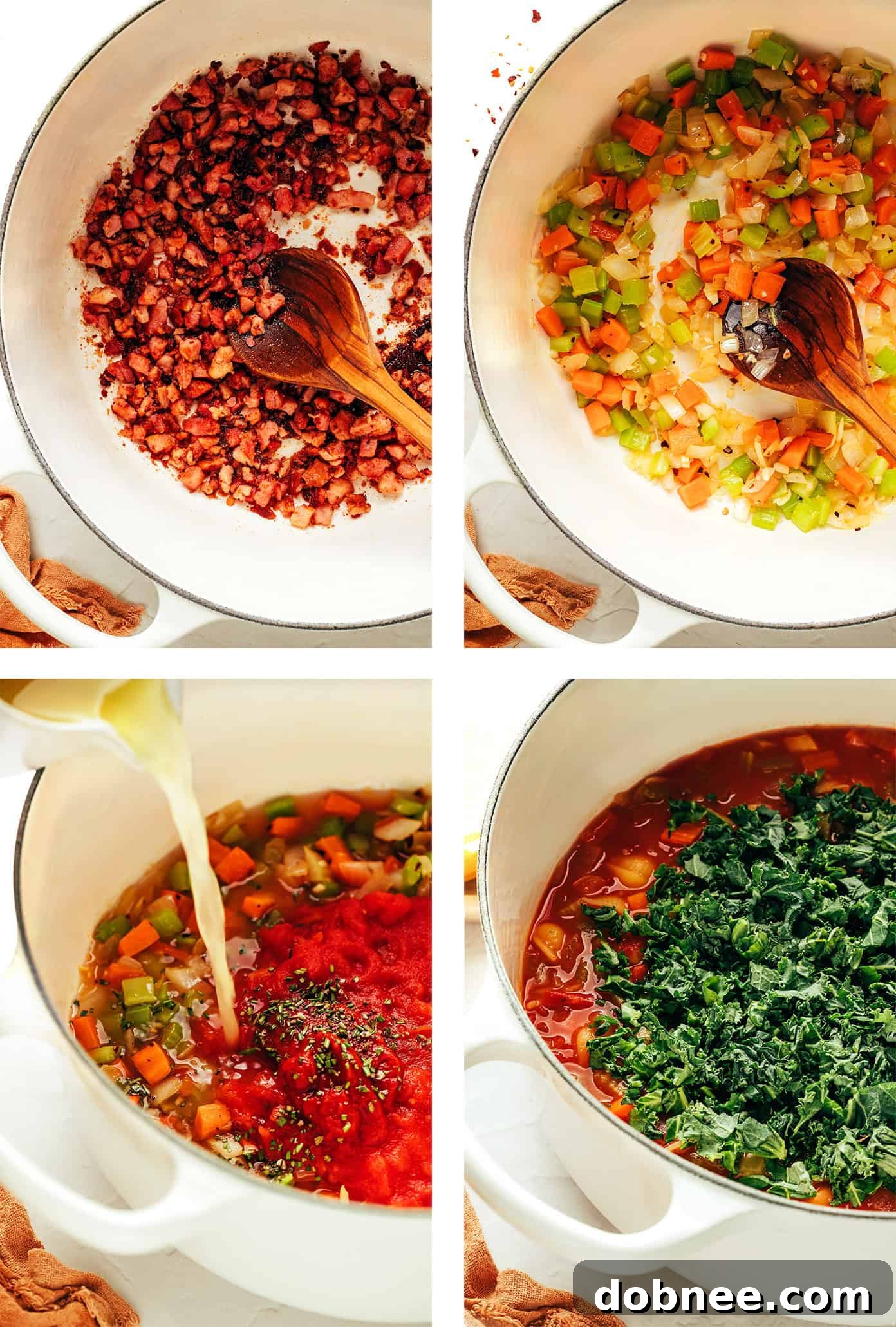 Ingredients for Pasta e Fagioli laid out on a wooden cutting board, including pasta, beans, tomatoes, and fresh herbs.