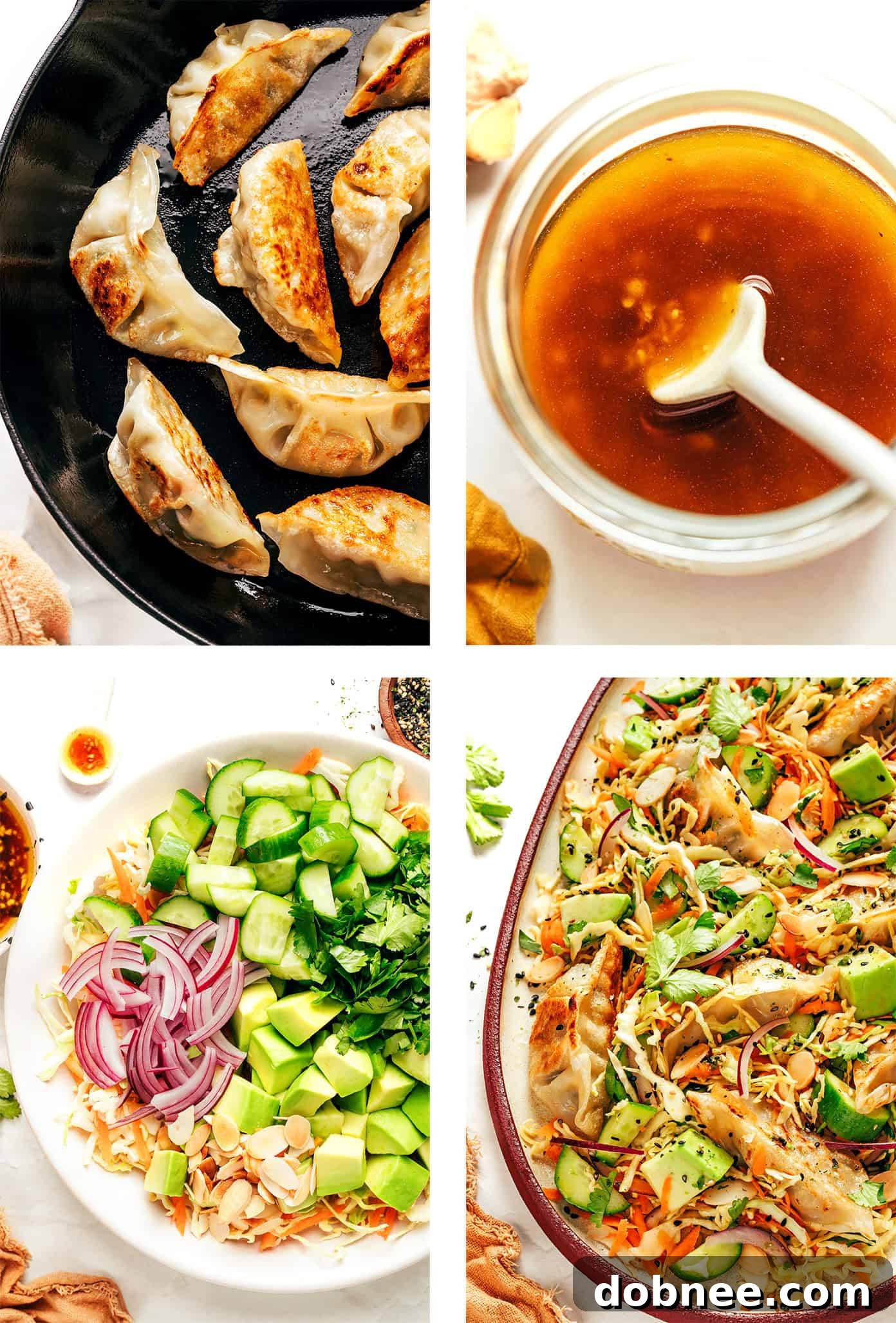 A bowl of Potsticker Salad with a serving spoon, ready to be enjoyed.