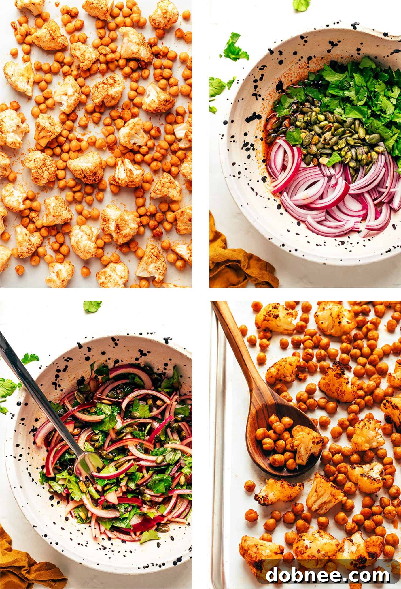 Overhead shot of all the fresh ingredients laid out before cooking, including cauliflower, chickpeas, quinoa, red onion, lime, and spices.