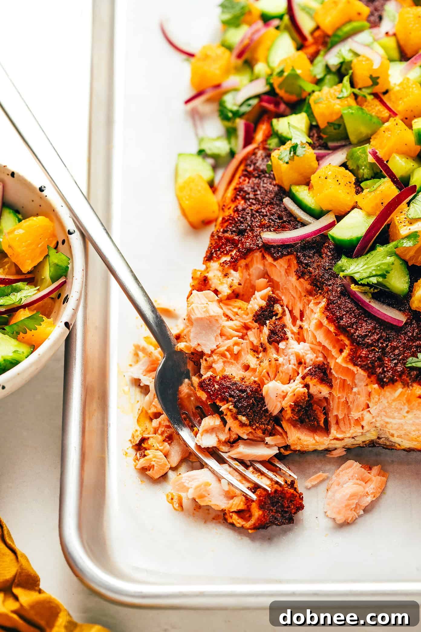 Sumac Blackened Salmon with Citrus Cucumber Salsa - beautifully plated with rice and avocado