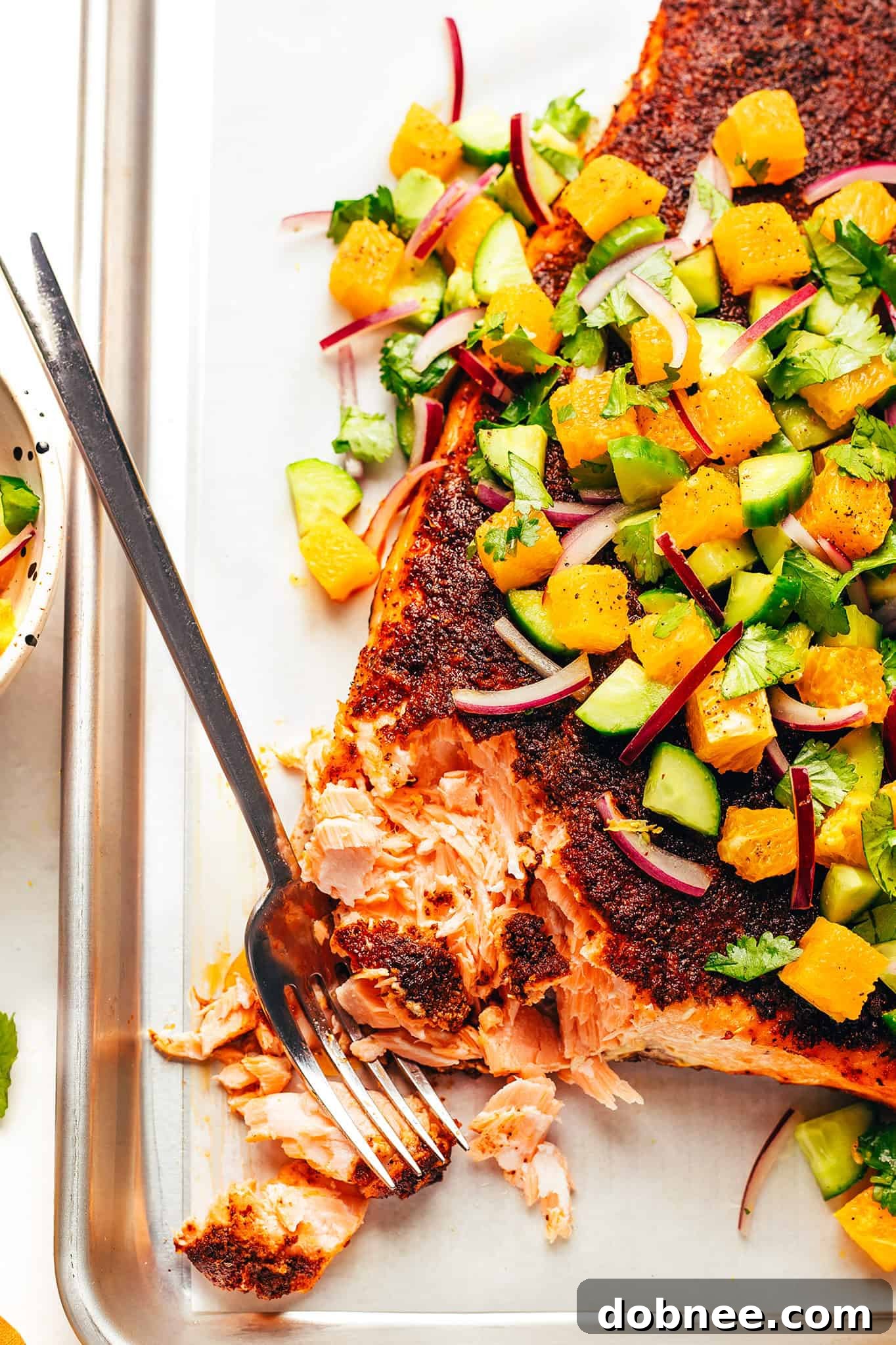 Sumac Blackened Salmon with Citrus Cucumber Salsa - overhead shot of the full meal