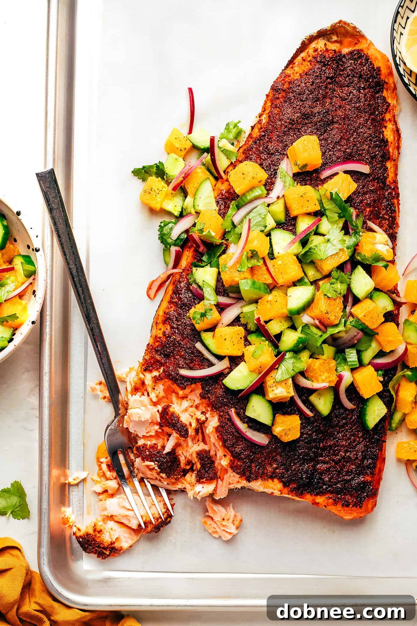 Sumac Blackened Salmon with Citrus Cucumber Salsa - close-up on the vibrant salsa