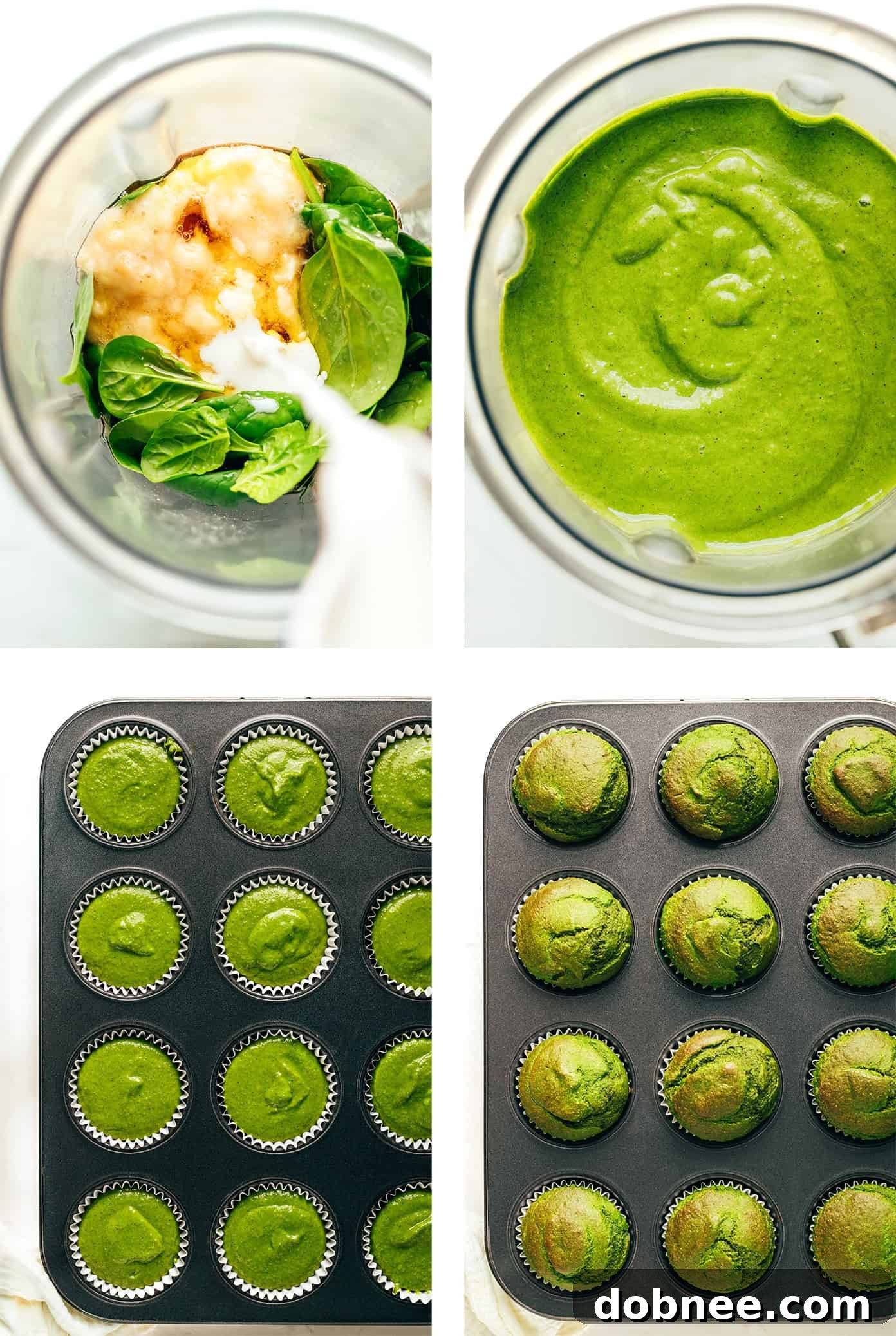 Step-by-Step Guide to Blending and Baking Spinach Banana Muffins step by step photos for how to make banana muffins showing blending and pouring batter