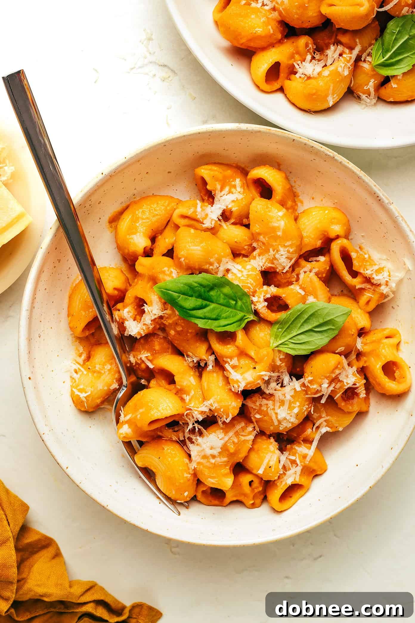 Delicious Hidden Veggie Marinara Sauce served on pasta with fresh basil