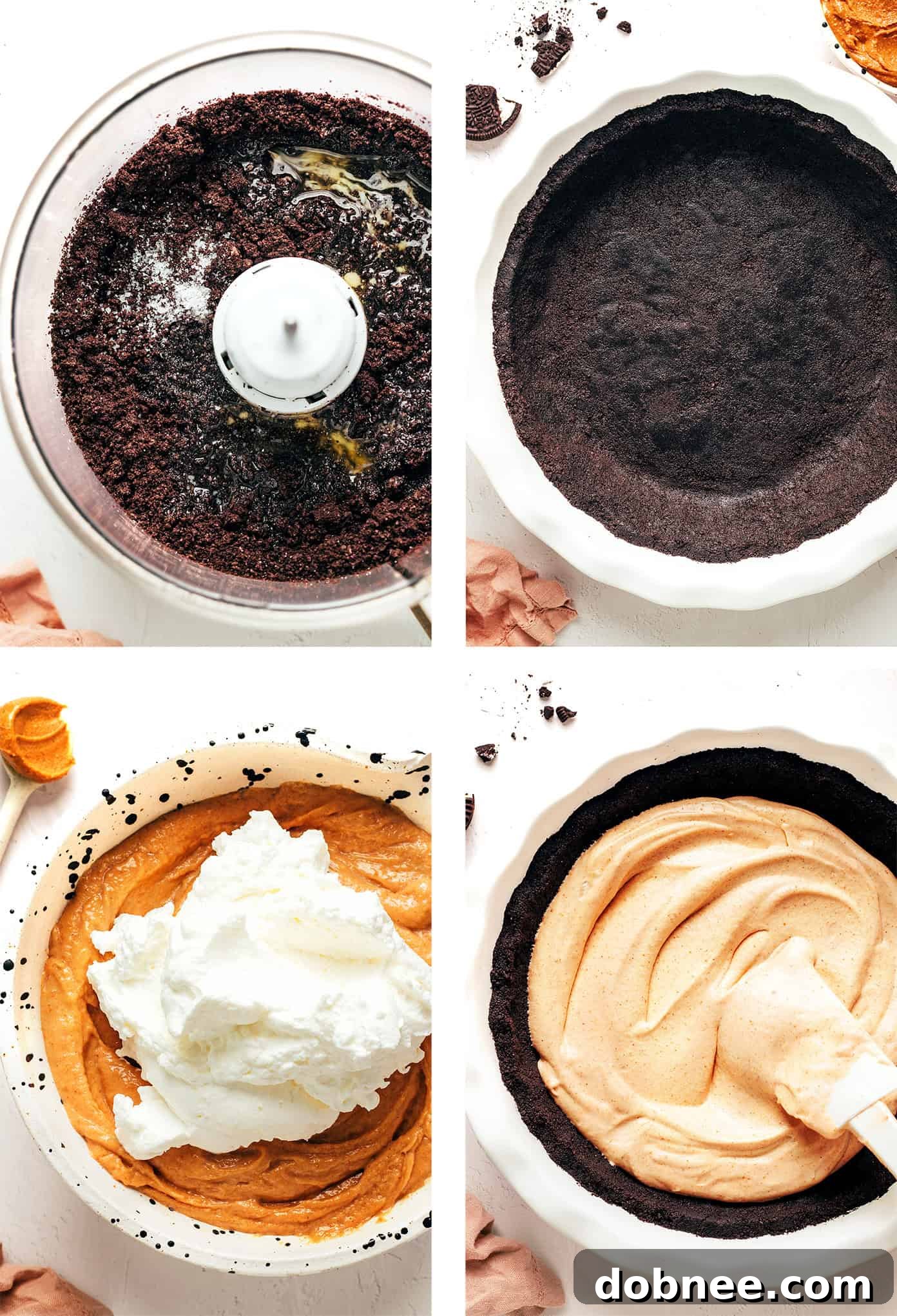 Step-by-step photos illustrating the process of making no-bake peanut butter pie, from crushing Oreos to mixing the filling and spreading it into the crust.