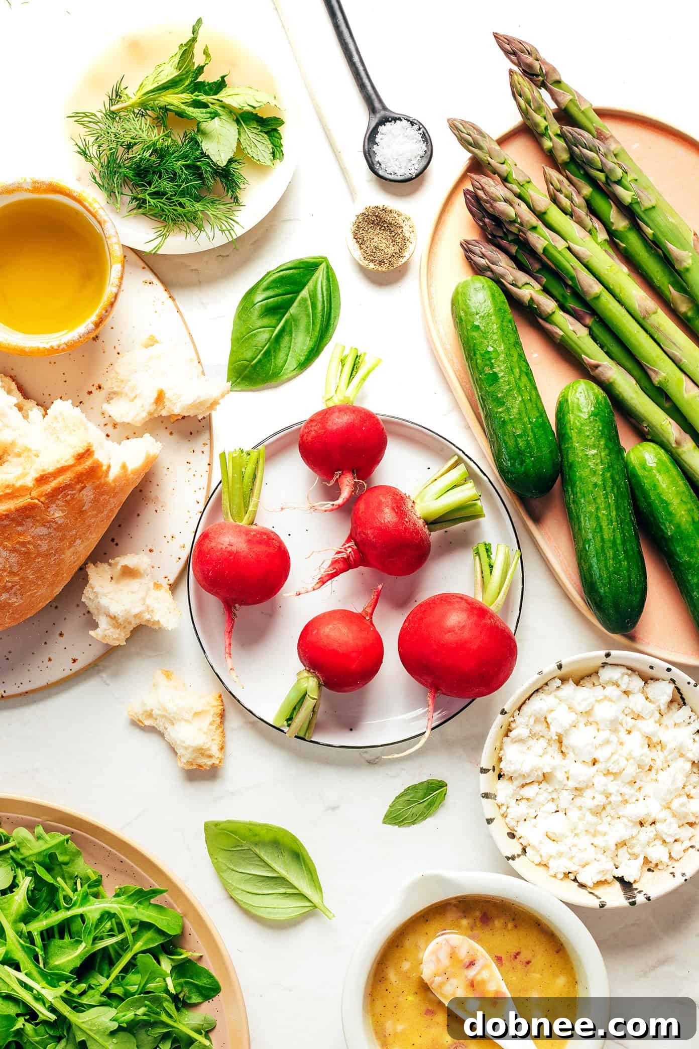 This vibrant spring panzanella salad recipe features crispy sourdough croutons, roasted asparagus, fresh veggies, herbs, feta, and a lemony shallot vinaigrette. | gimmesomeoven.com Spring Panzanella Ingredients