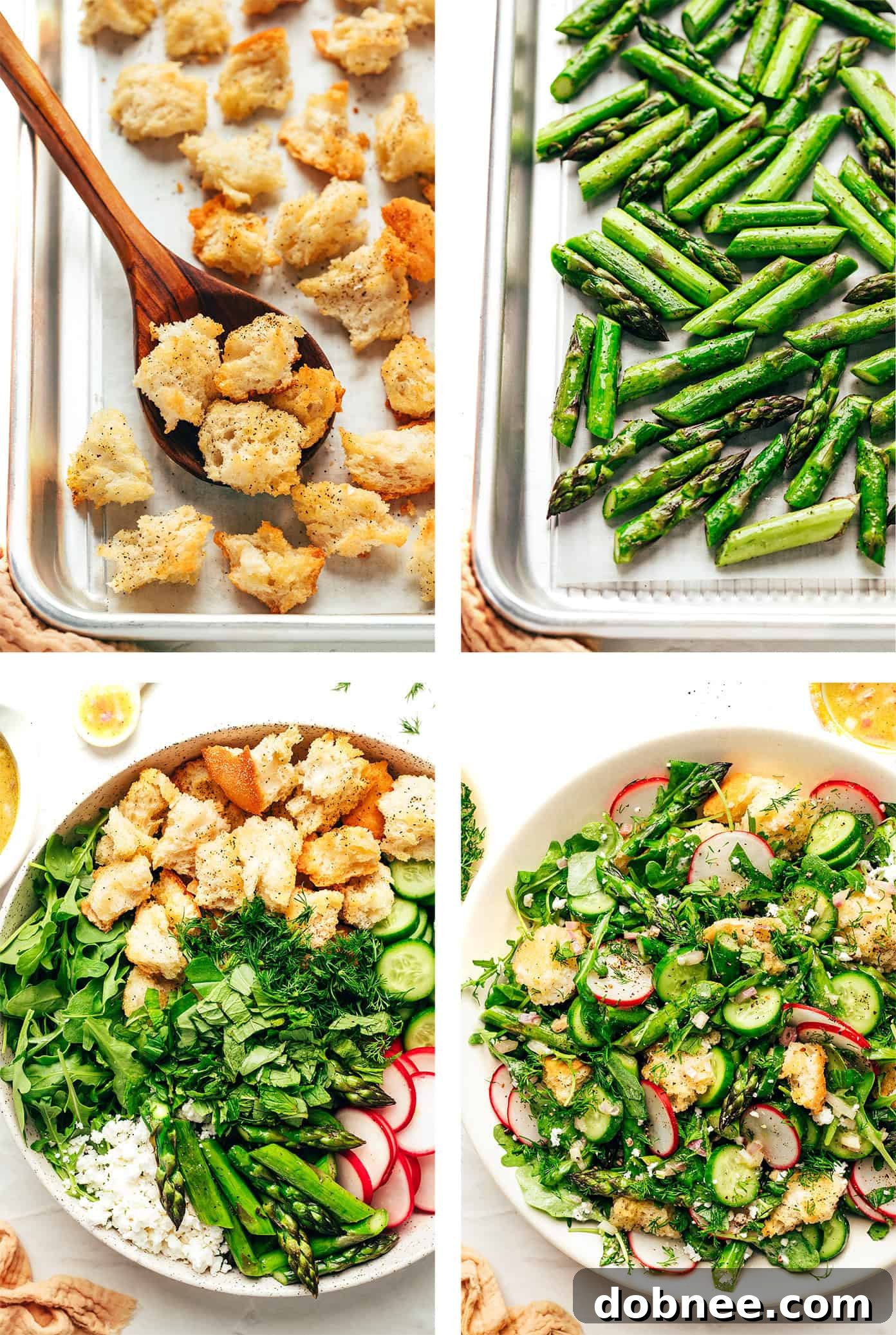 This vibrant spring panzanella salad recipe features crispy sourdough croutons, roasted asparagus, fresh veggies, herbs, feta, and a lemony shallot vinaigrette. | gimmesomeoven.com Step by step instructions showing how to make spring panzanella