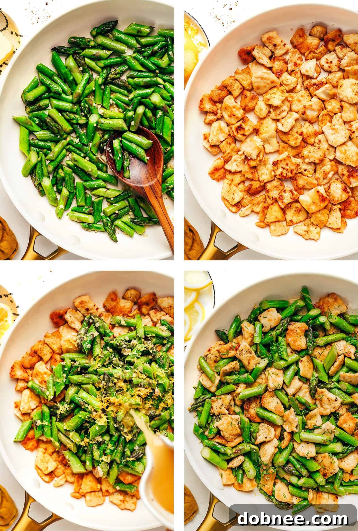 Cooked Lemon Pepper Chicken and Asparagus Stir-fry in a skillet
